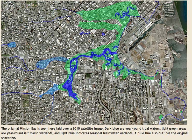Above, historical shoreline laid over a 2010 satellite image.