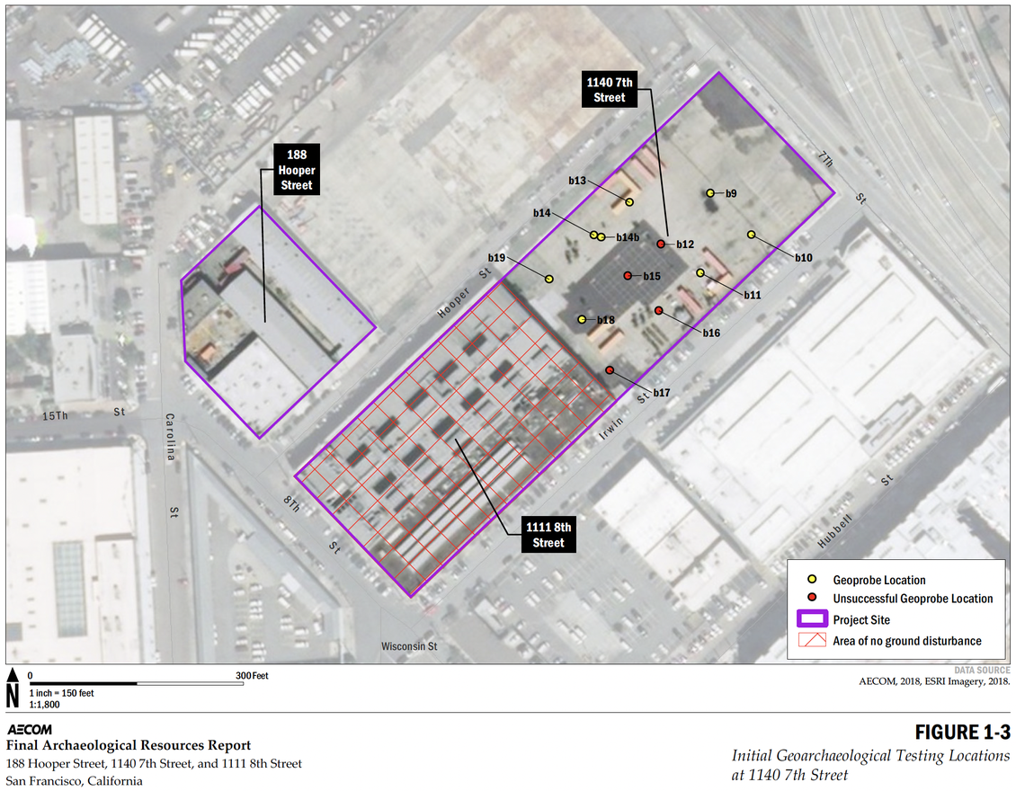 Initial Geoarchaeological Testing Locations
at 1140 7th Street