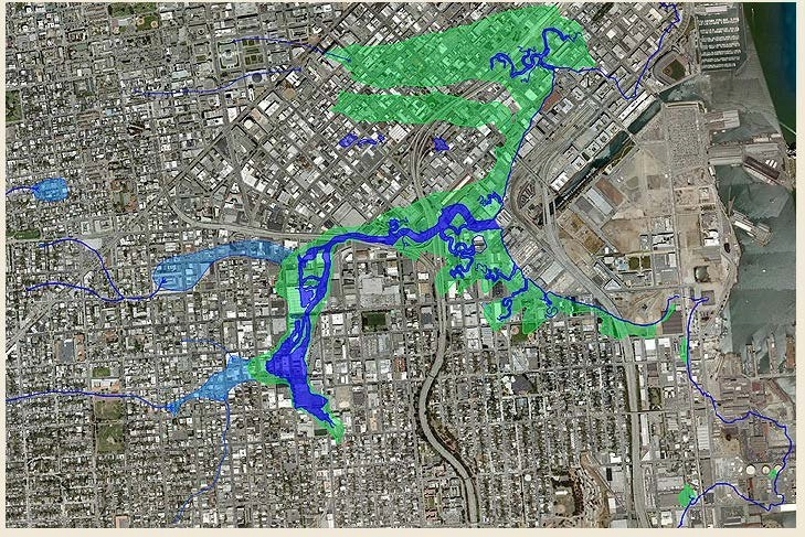 The shoreline circa 1850 laid over a 2010 satellite image.
