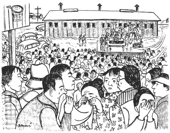 Mine Okubo, Untitled [Memorial service for James Wakasa, Central Utah Relocation Project, Topaz, Utah]. 1942-1944