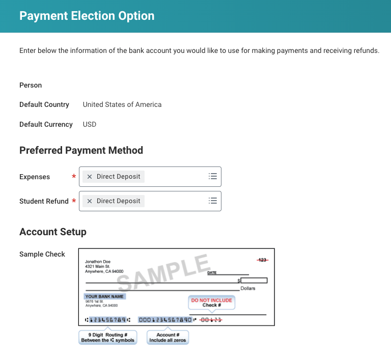 Setting Preferred Payment Method as Direct Deposit for Student Refunds