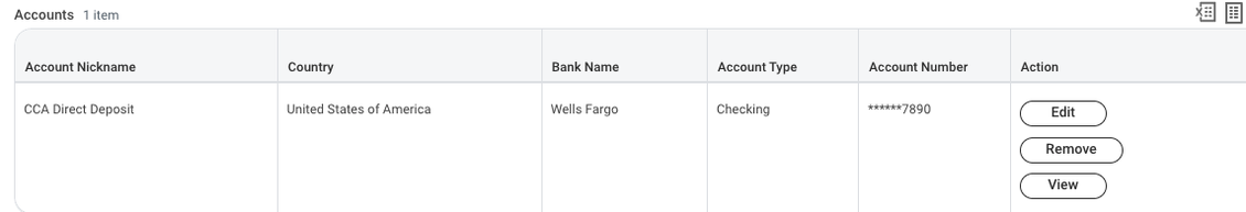 Accounts table showing direct deposit information on file