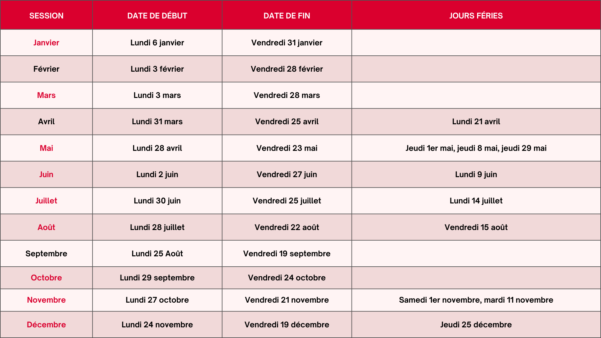 calendrier session 2025