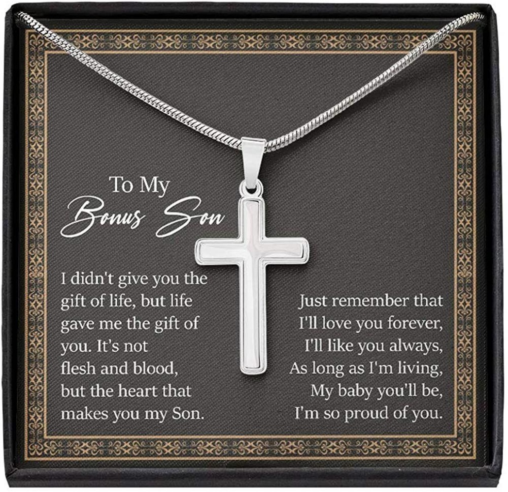 To My Bonus Son I Am So Proud Of You Cross Necklace, Bonus Son Gift