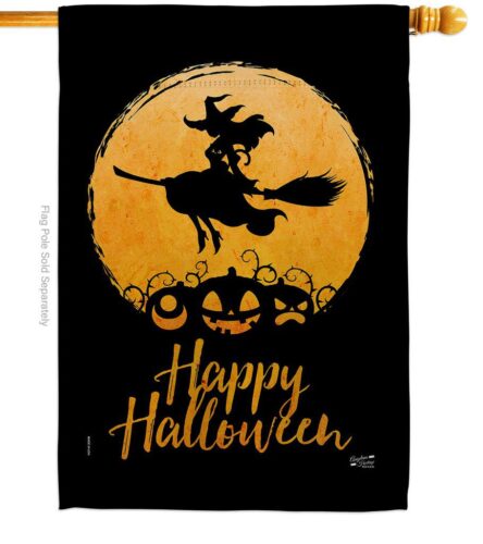 Happy Halloween The WItch Fly On Broomstick House Flag, Outdoor Halloween Decoration