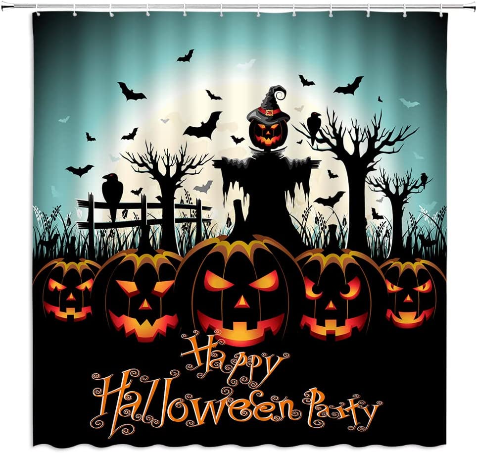 Horror Pumpkins Spooky Strawman On Dead Farm Shower Curtain, Halloween Bathroom Accessories