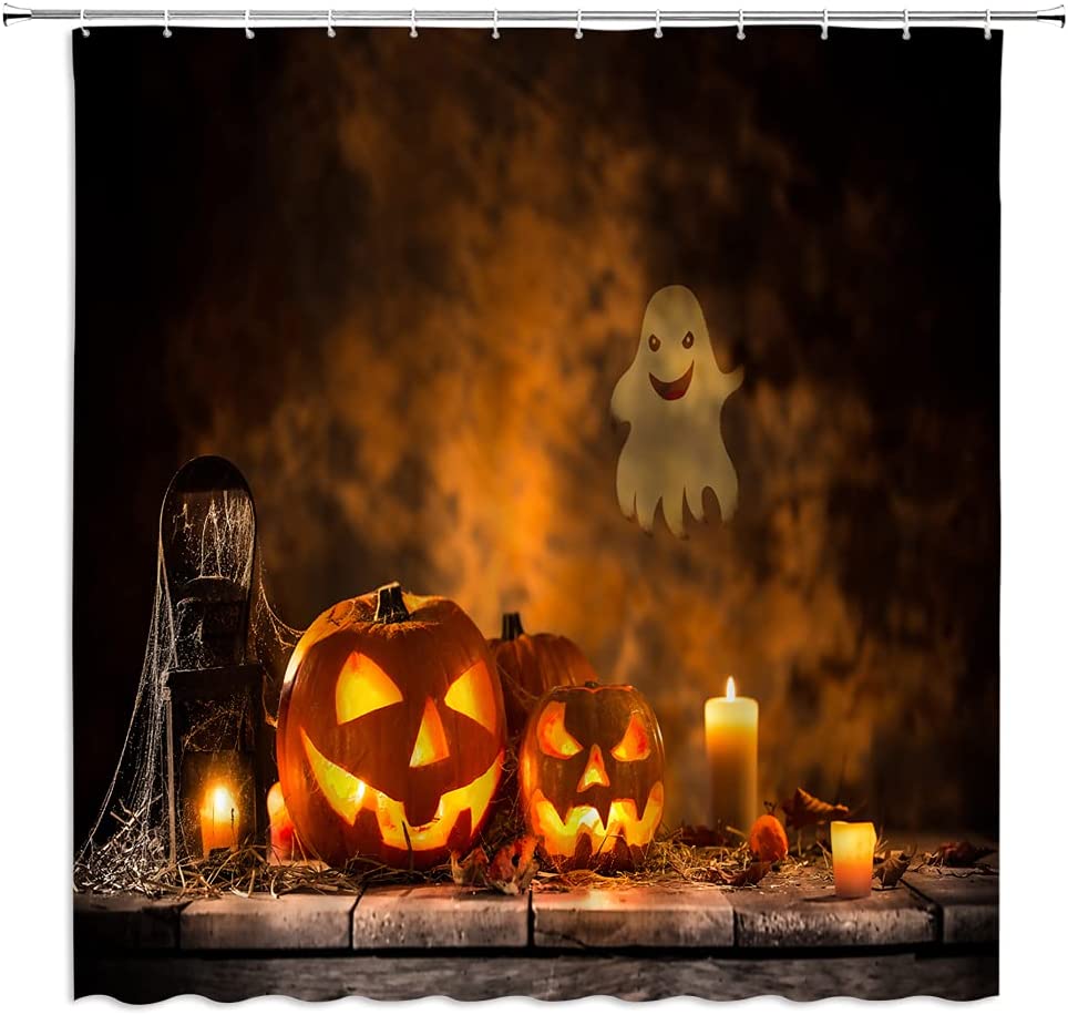 Spooky Pumkin With Ghost Halloween Shower Curtain, Halloween Bathroom Accessories