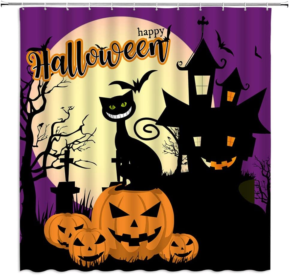 Horror Black Cat Pumpkin Bat And Scary Castle Tombstone Under Full Moon Night Happy Halloween Shower Curtain , Halloween Bathroom Decor