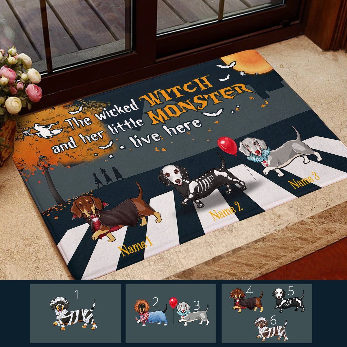 Custom Dog Name The Wicked Witch And Her LIttle Monster Live Here Halloween Doormat, Personalized Halloween Gift 