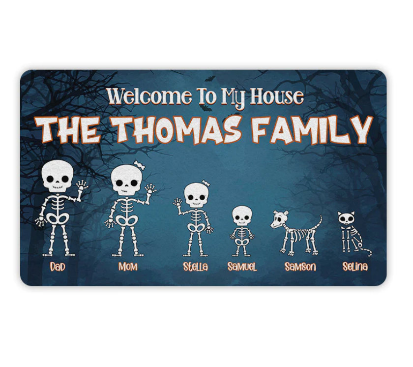 Custom Family Name Skeleton Family Halloween Doormat, Personalized Halloween Front Door Decoration