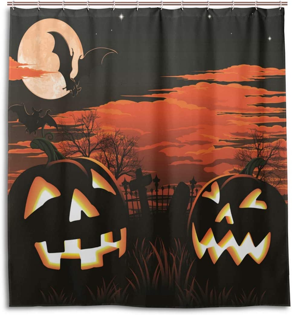 Horror Pumpkins Under Red Sky On Beside Graves Halloween Shower Curtain, Halloween Bathroom Accessories