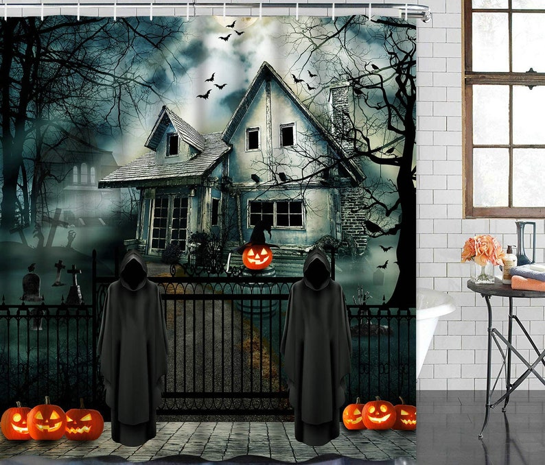 Horror House With Creepy Pumpkin Halloween Shower Curtain, Halloween Bathroom Decor