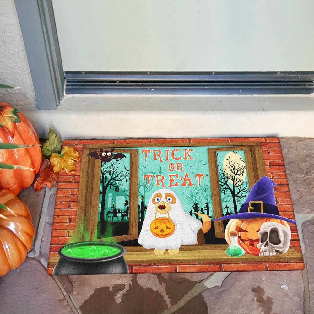 Trick Or Treat Dog Costume Ghost Halloween Doormat, Halloween Front Door Decoration