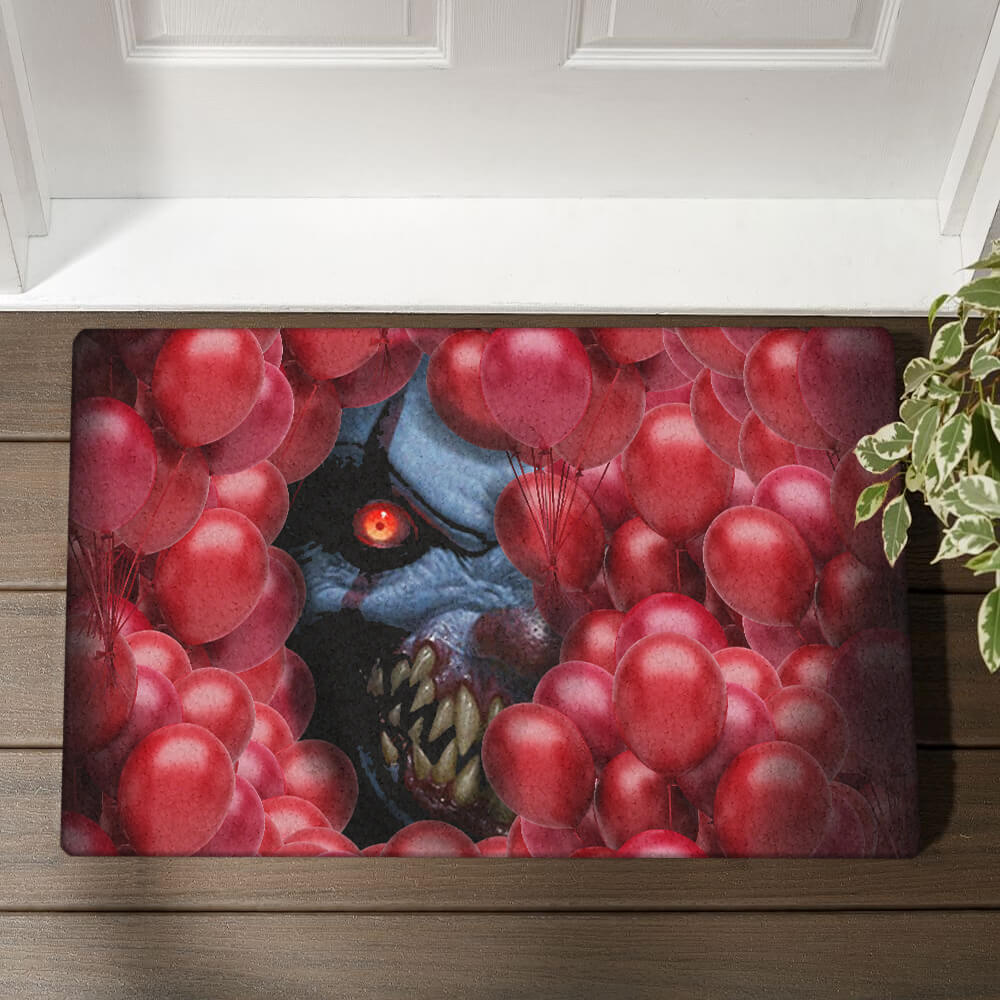 Creepy Clown Under Red Balloon Halloween Doormat, Halloween Front Door Decoration