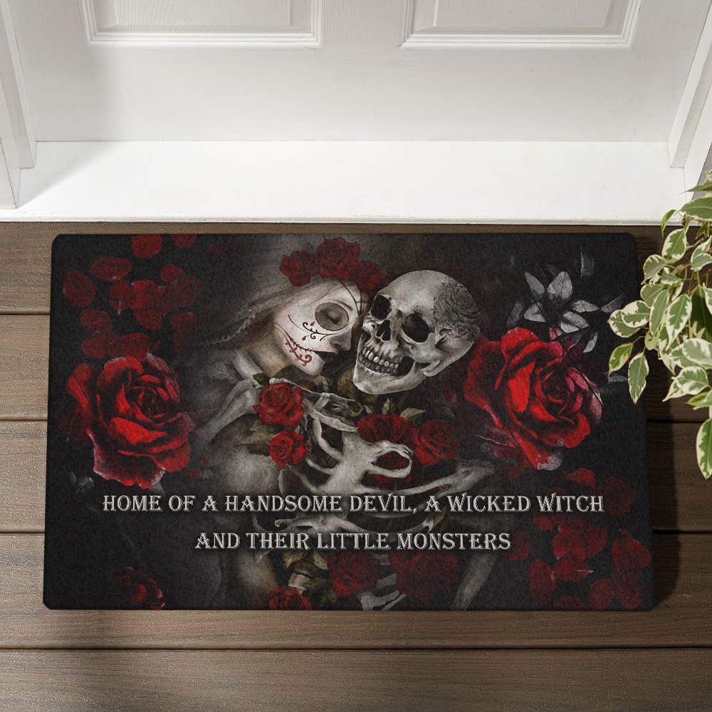 Home Of A Handsome Devil A Wicked Witch And Their Little Monsters Halloween Doormat, Halloween Front Door Decoration