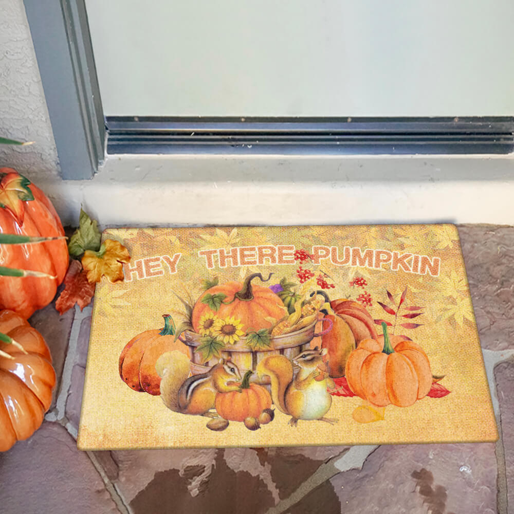 Hey There Pumpkins With Squirrel Fall Doormat, Halloween Front Door Decoration