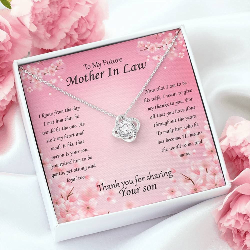 To My Future Mother In Law Thank You For Sharing Your Son Pink Message Love Knot Stainless Necklace, Unique Presents For Mother In Law