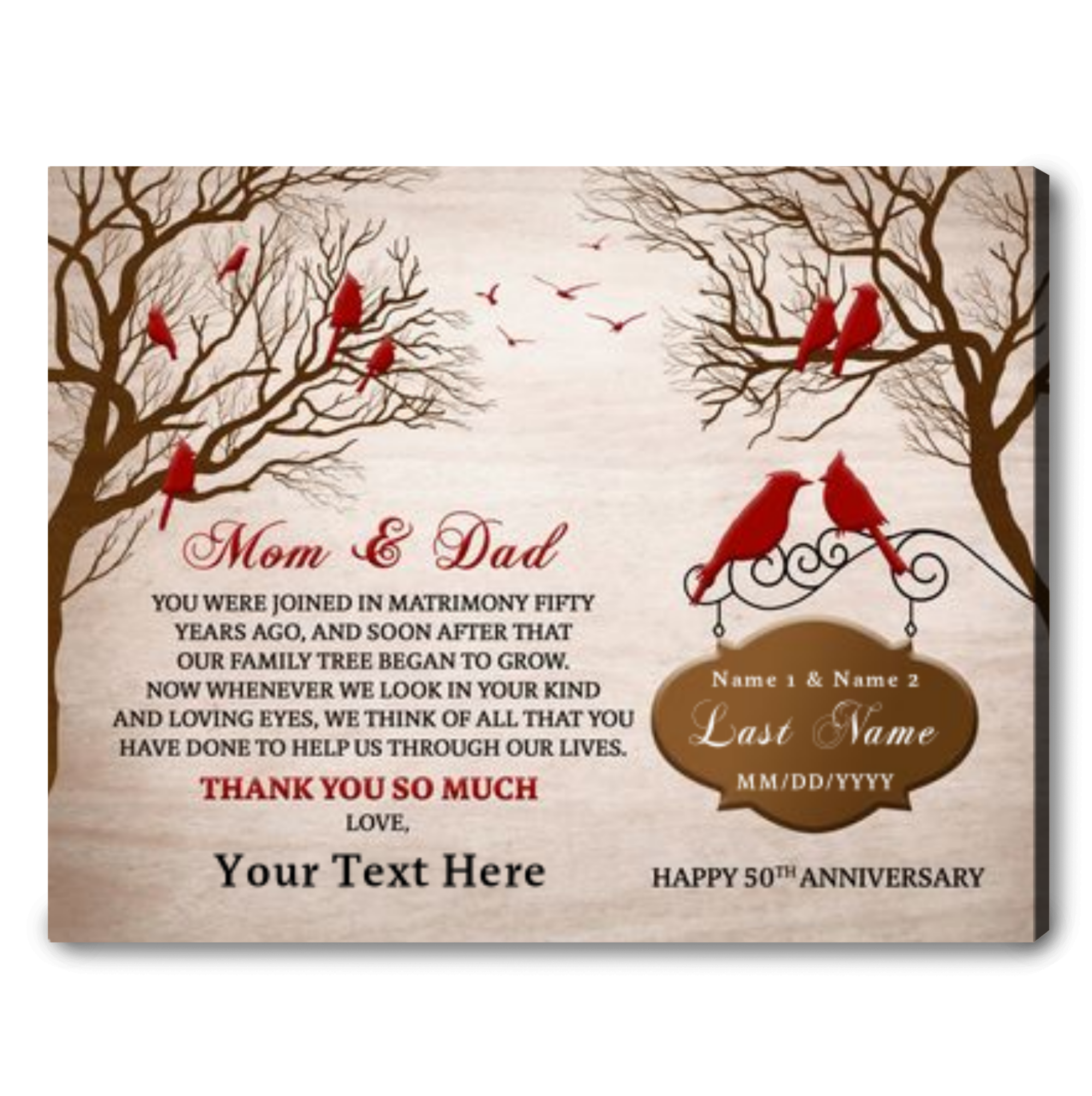 Customized 50th Wedding Aniversary For Mom And Dad Cardinal Pattern Canvas, Personalized Aniversary Gift For Mom And Dad