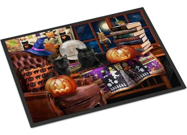 Black Cats And Books On Halloween Room Welcom Doormat, Halloween Front Door Decorations For Cat Lover