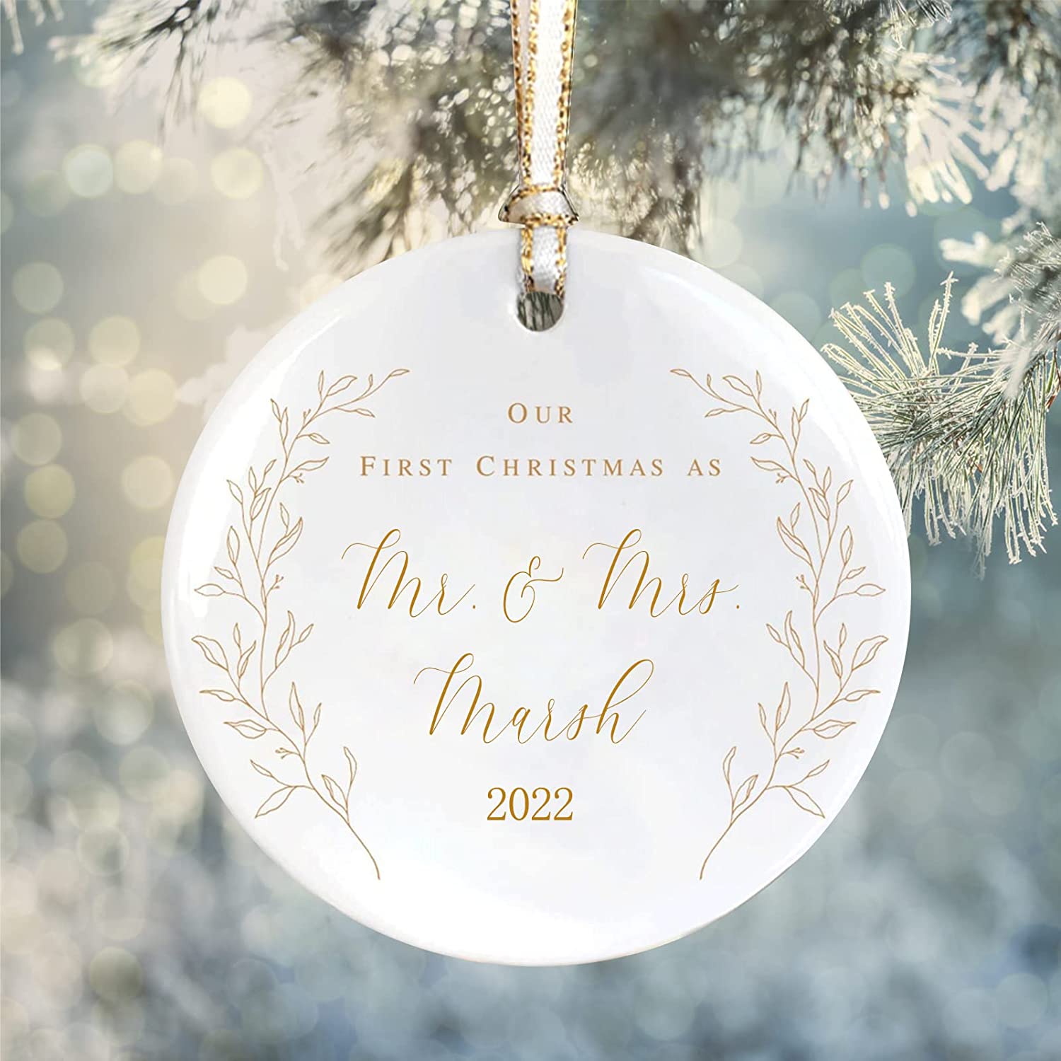 Personalized Gold Text Our First Christmas As Mr And Mrs Wedding Ornament, Personalized Wedding Gifts 