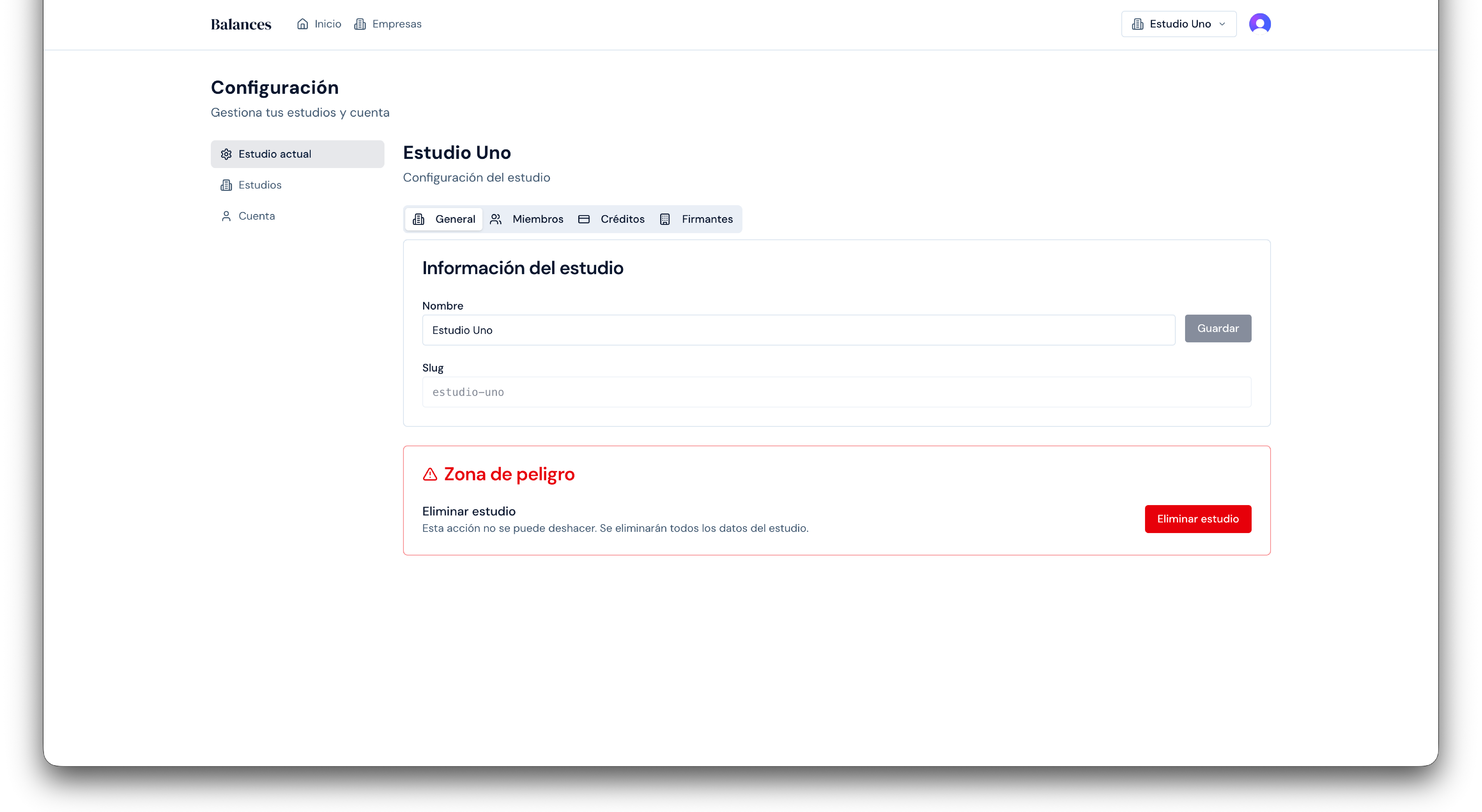 Pestaña General - Información del estudio y zona de peligro