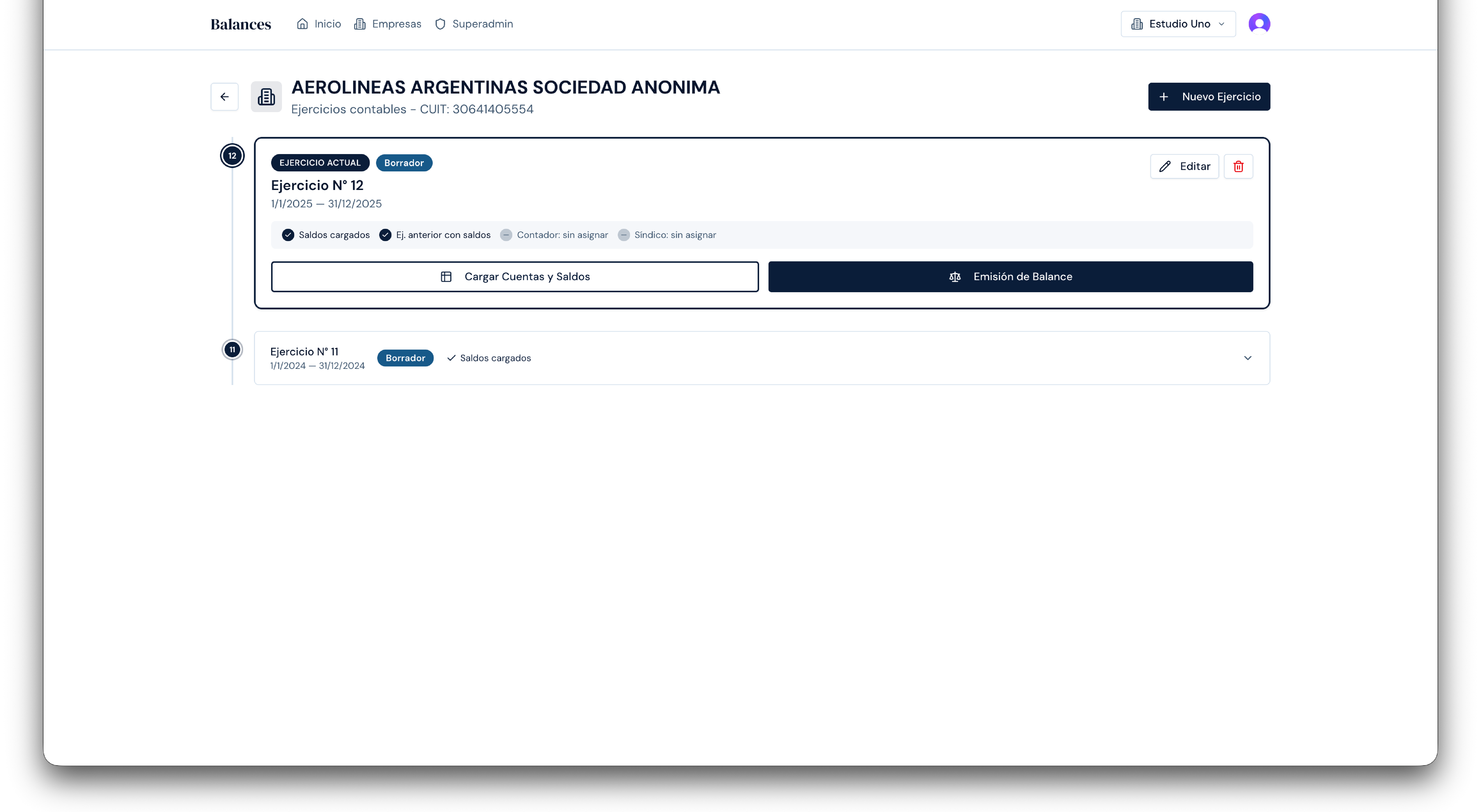 Ejercicios de una empresa con saldos cargados