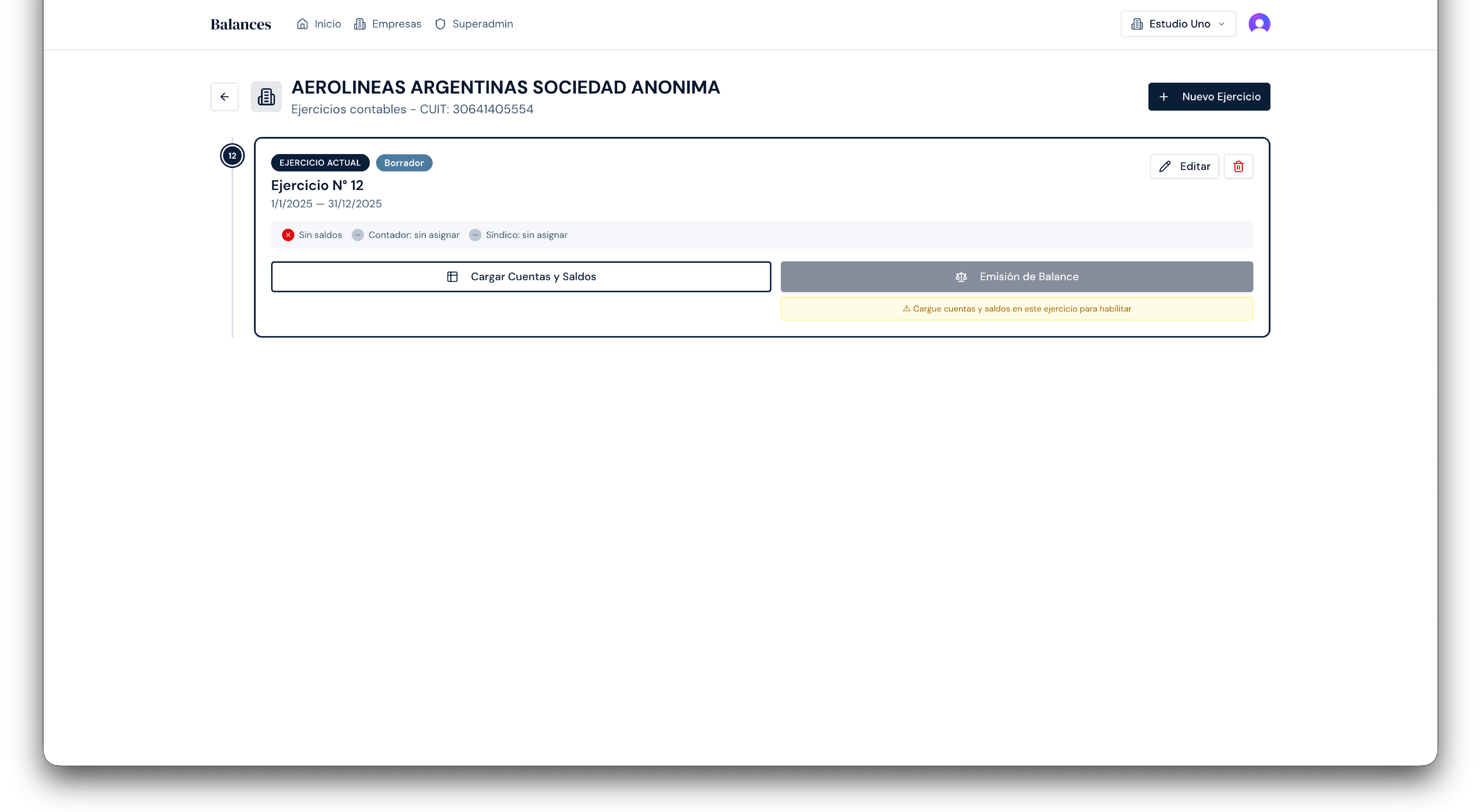 Ejercicio sin saldos cargados