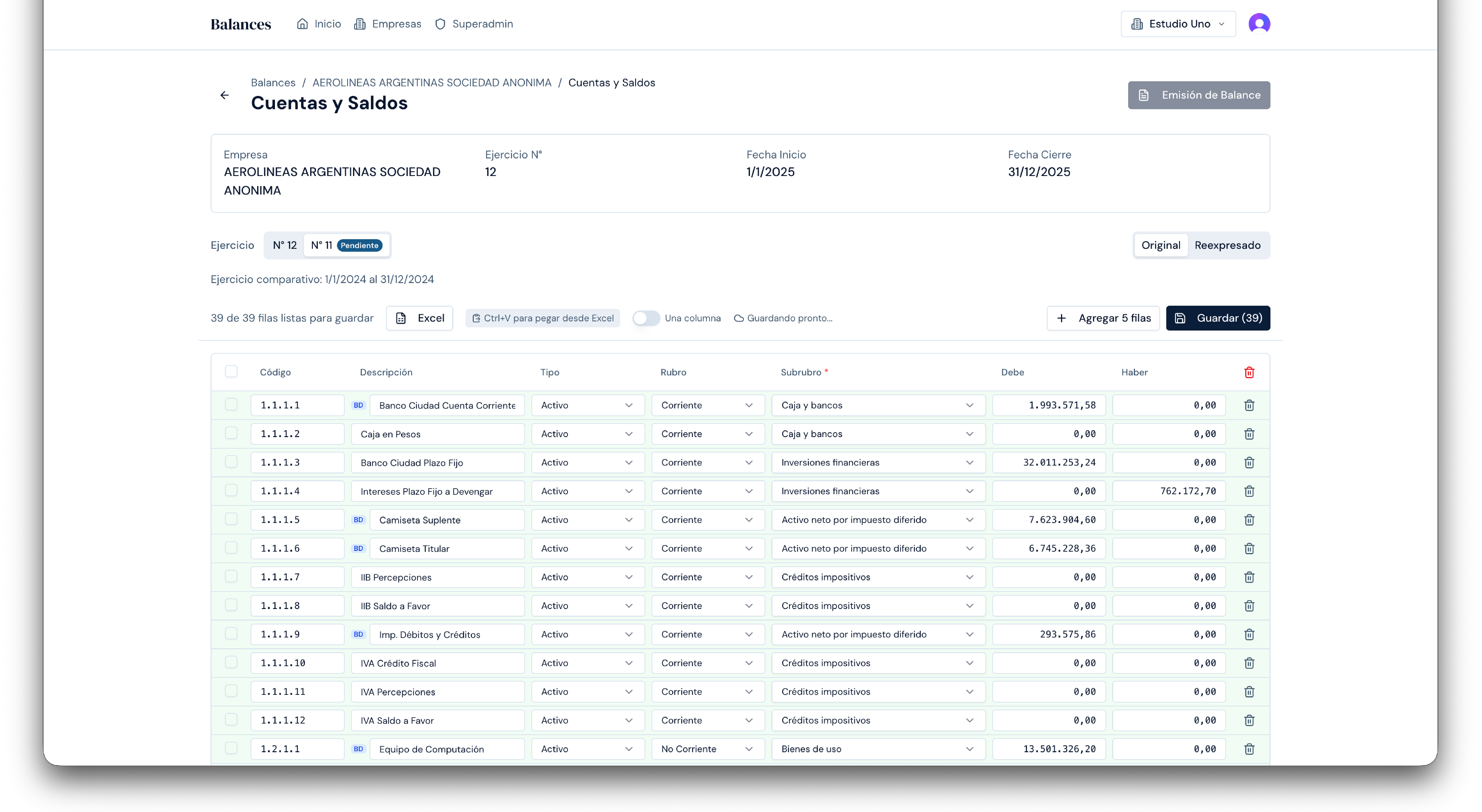 Planilla de cuentas y saldos con datos cargados