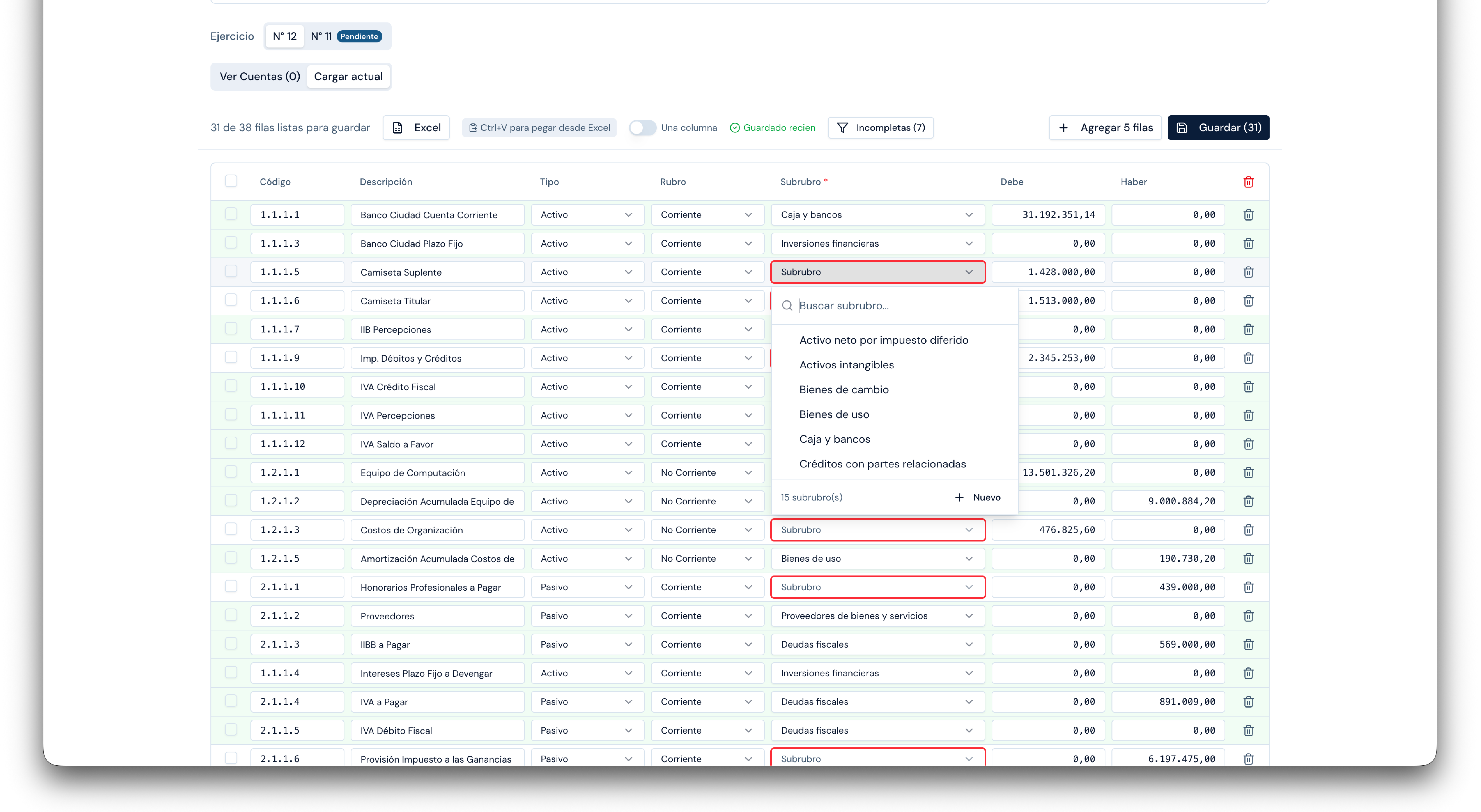 Planilla de carga con selección de subrubros