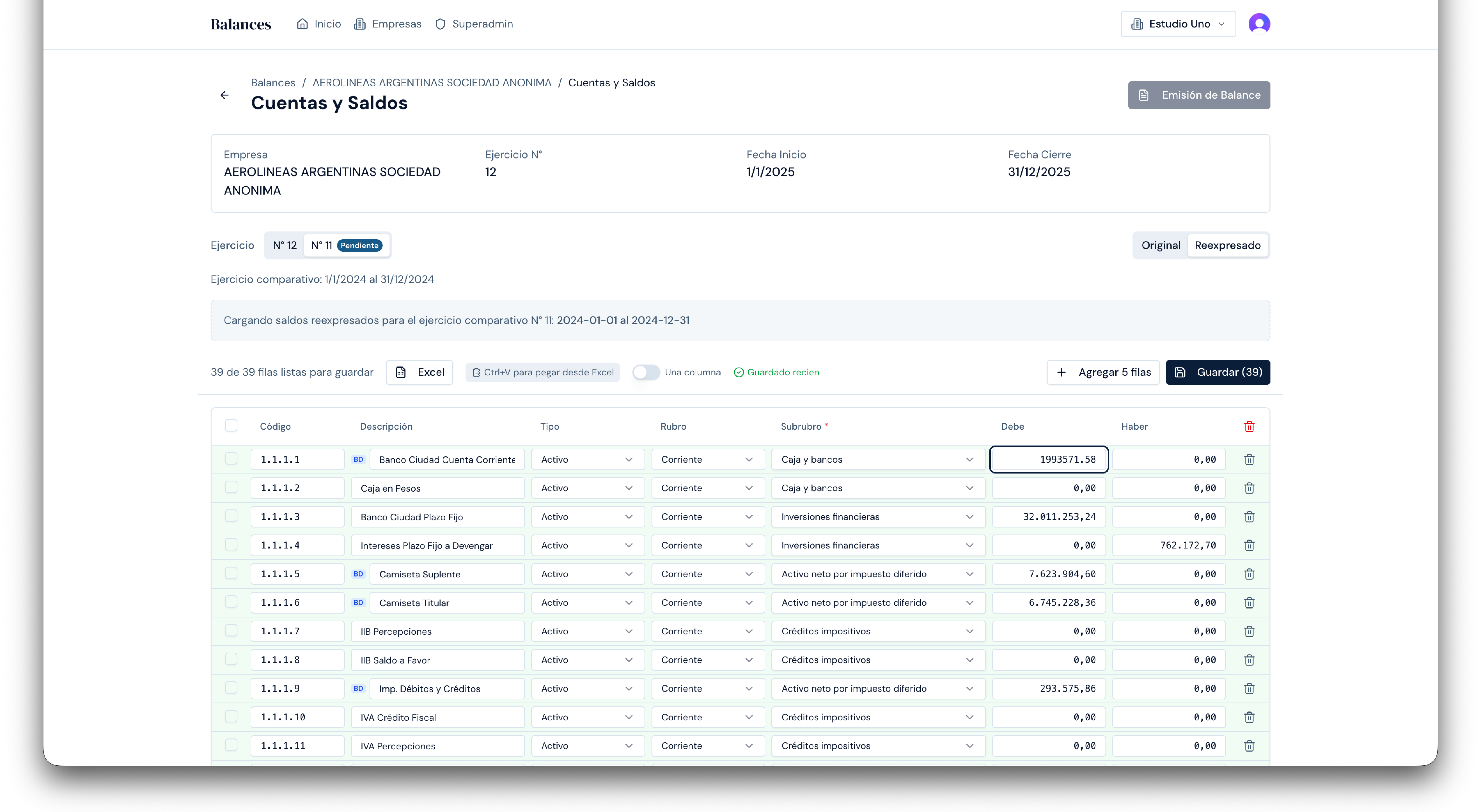 Edición de saldos en la planilla