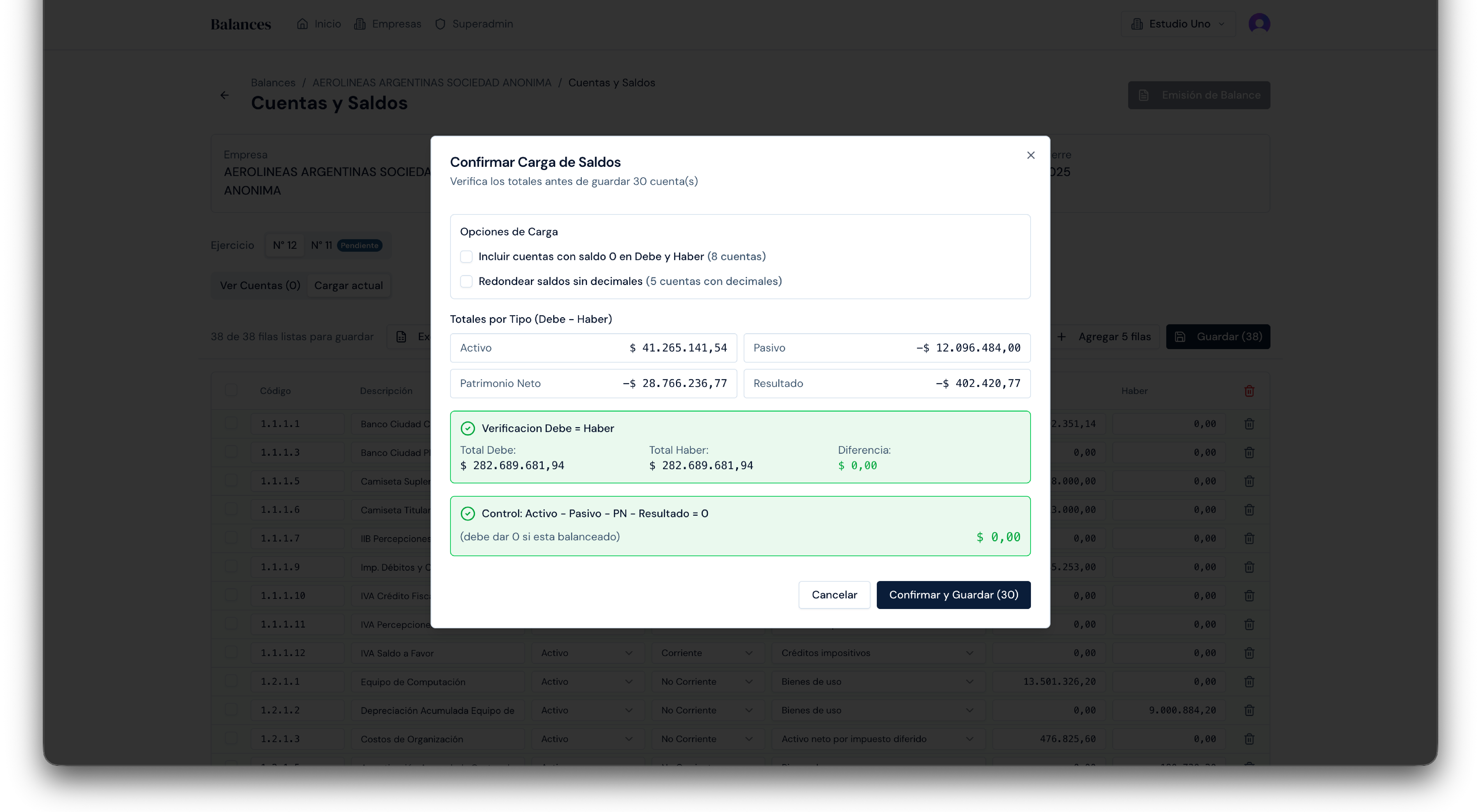 Modal de confirmación de carga de saldos