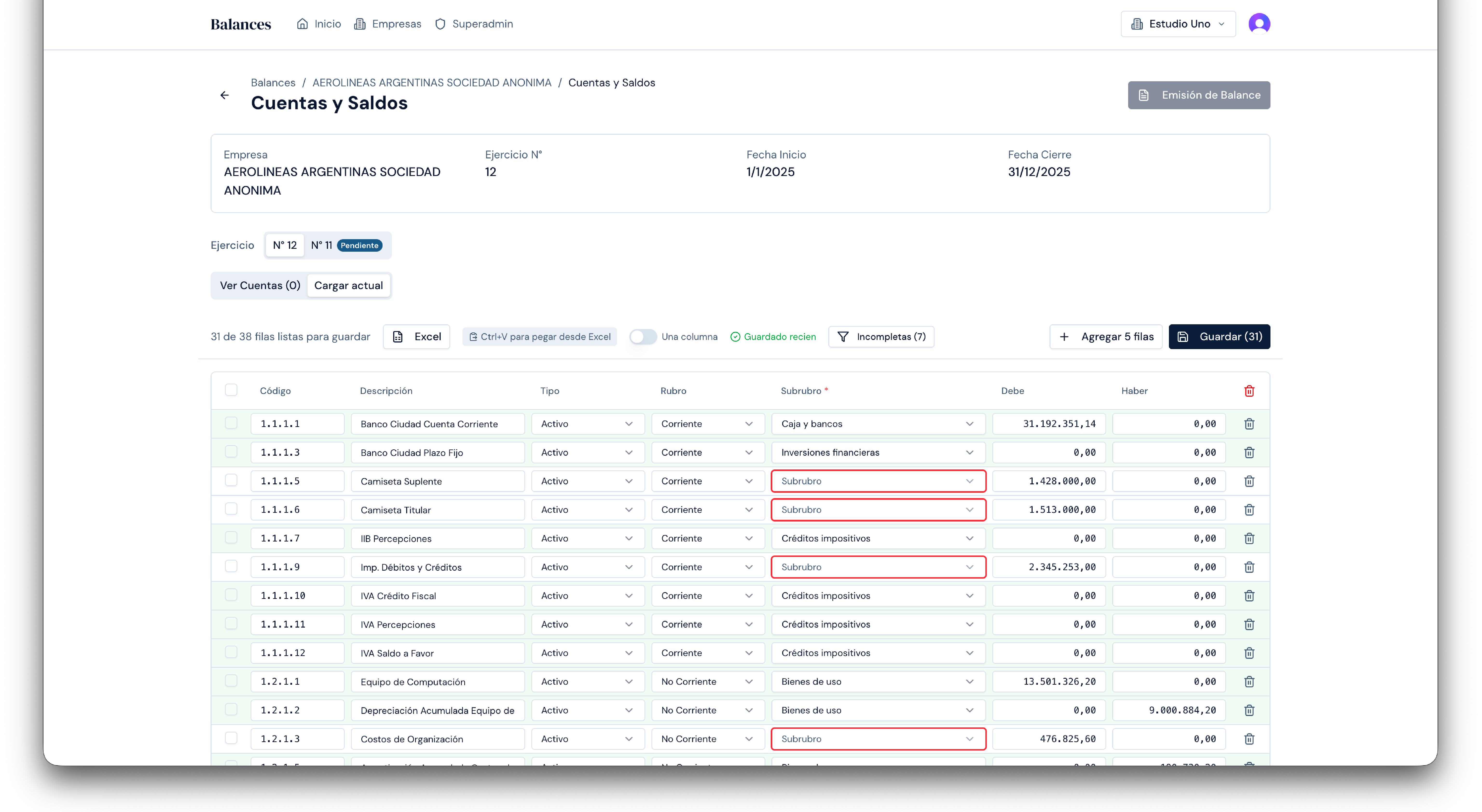 Filas con subrubros faltantes marcadas en rojo