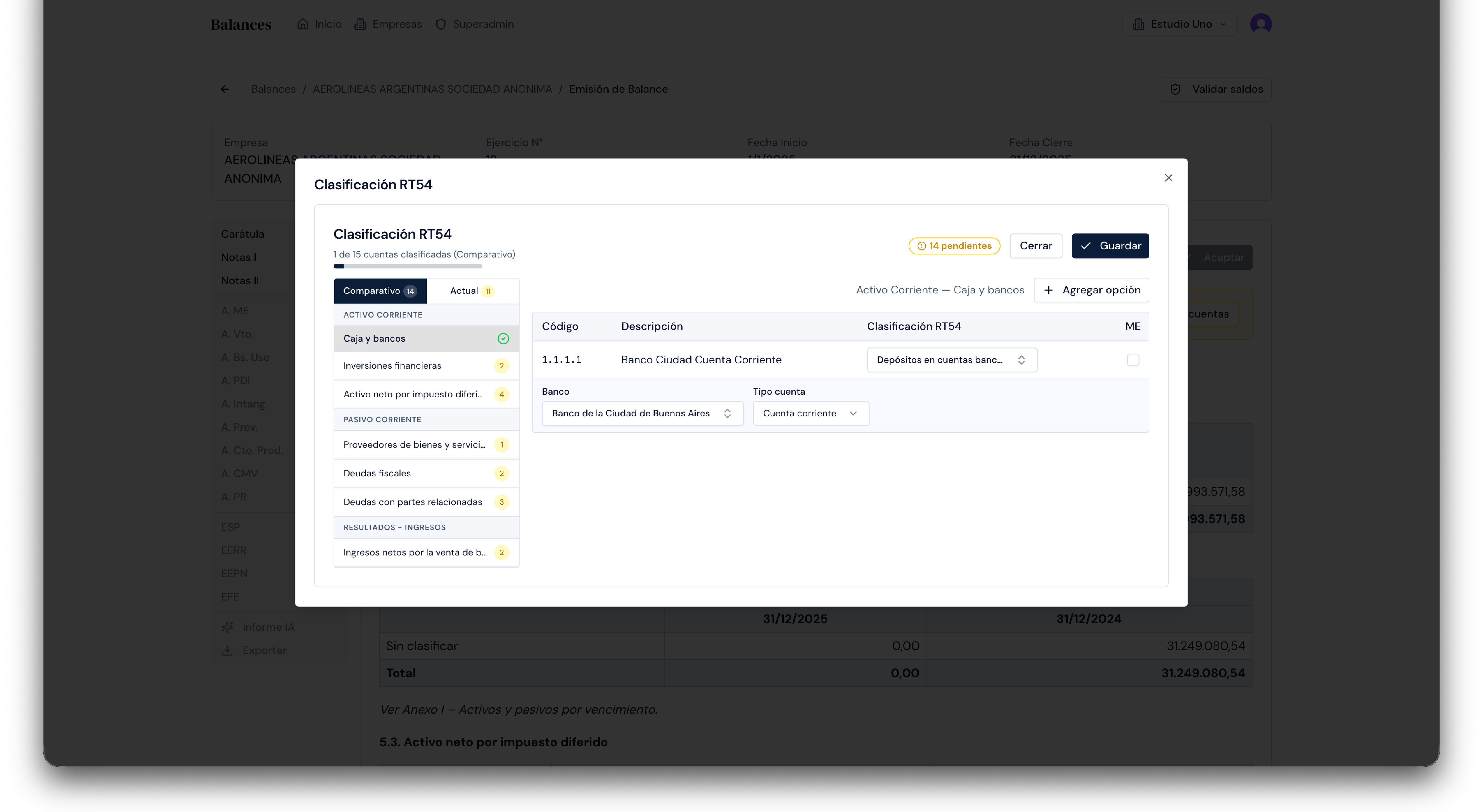 Modal de clasificación RT 54 con detalle por cuenta