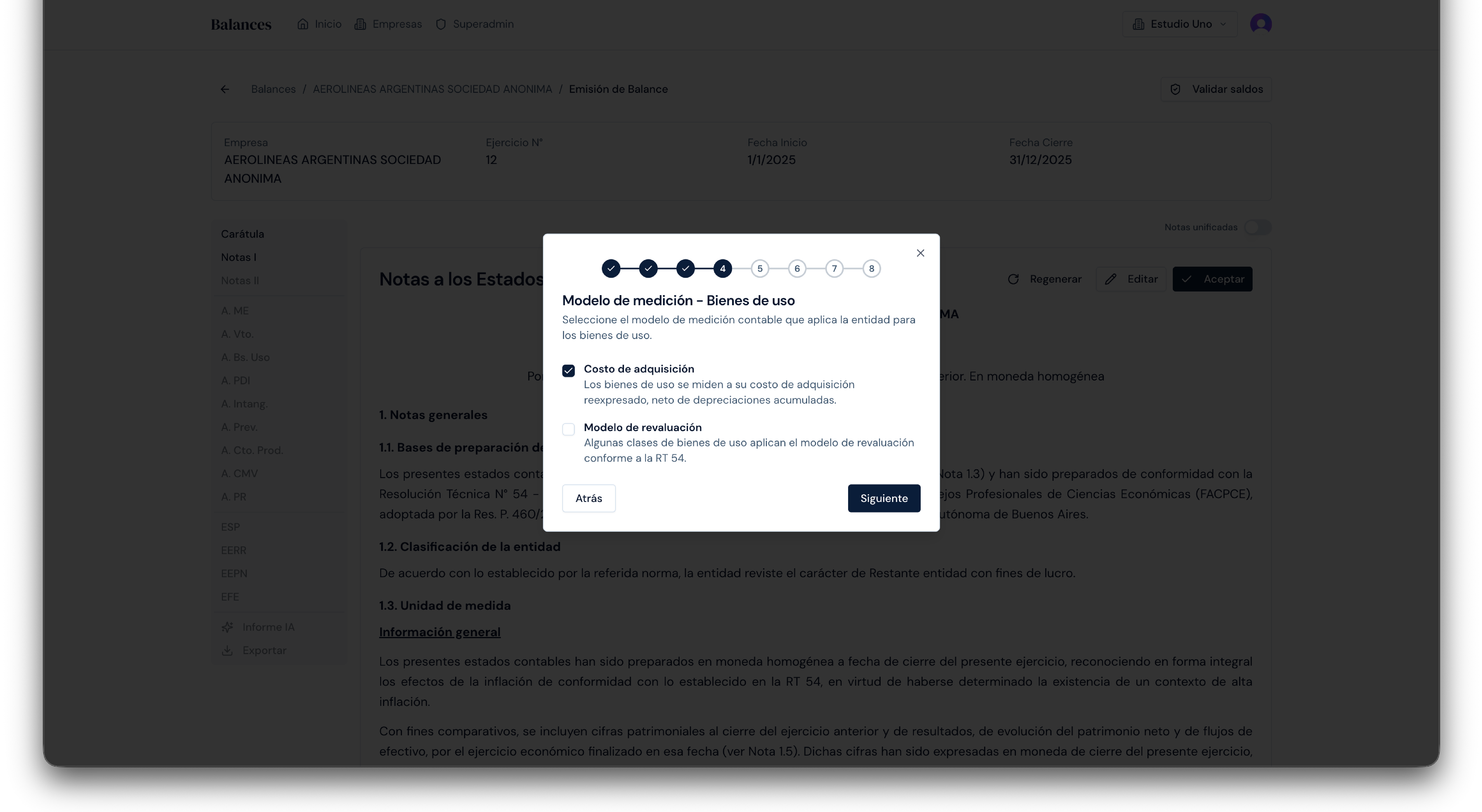 Wizard Notas I - Modelo de medición bienes de uso