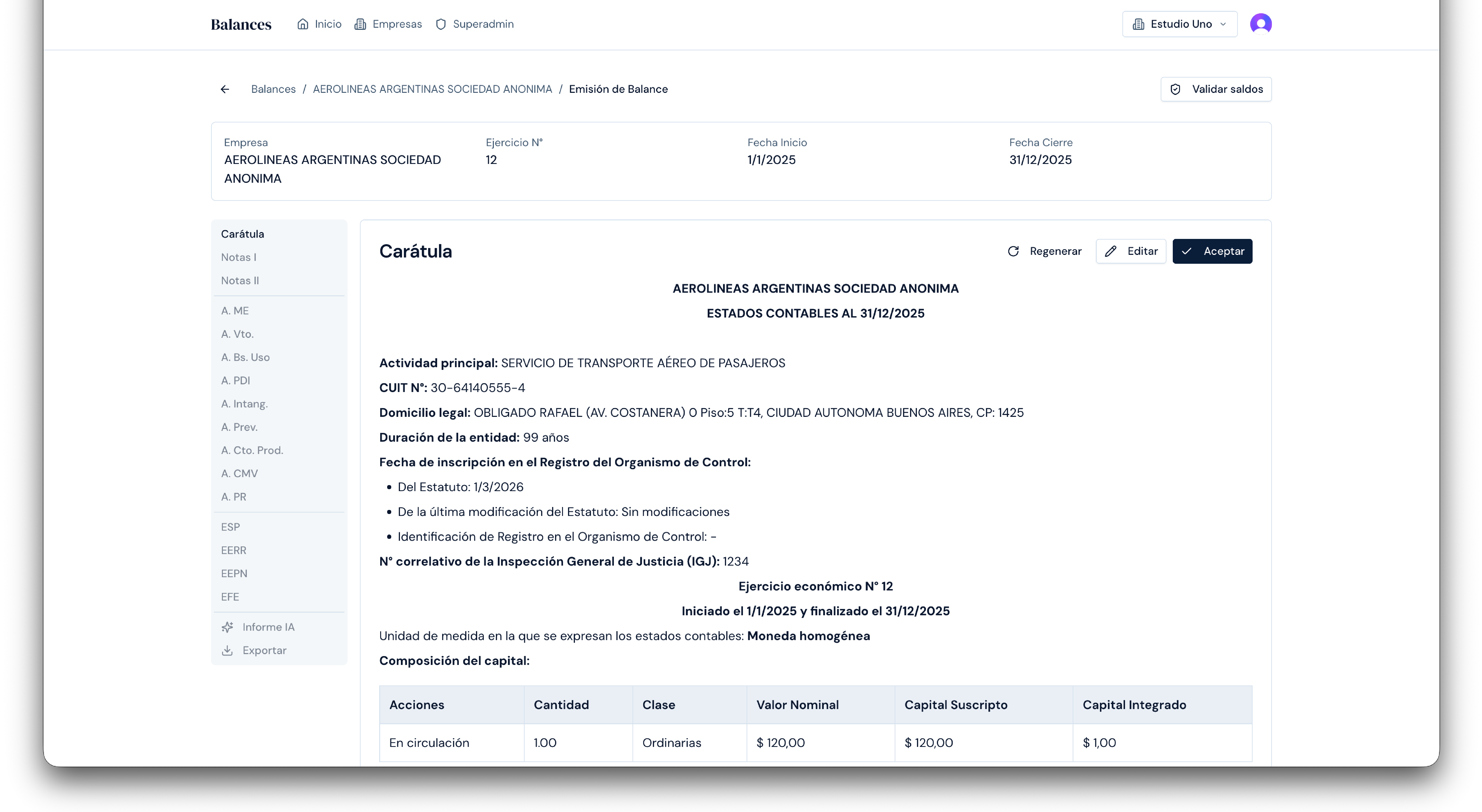 Carátula del balance generada automáticamente