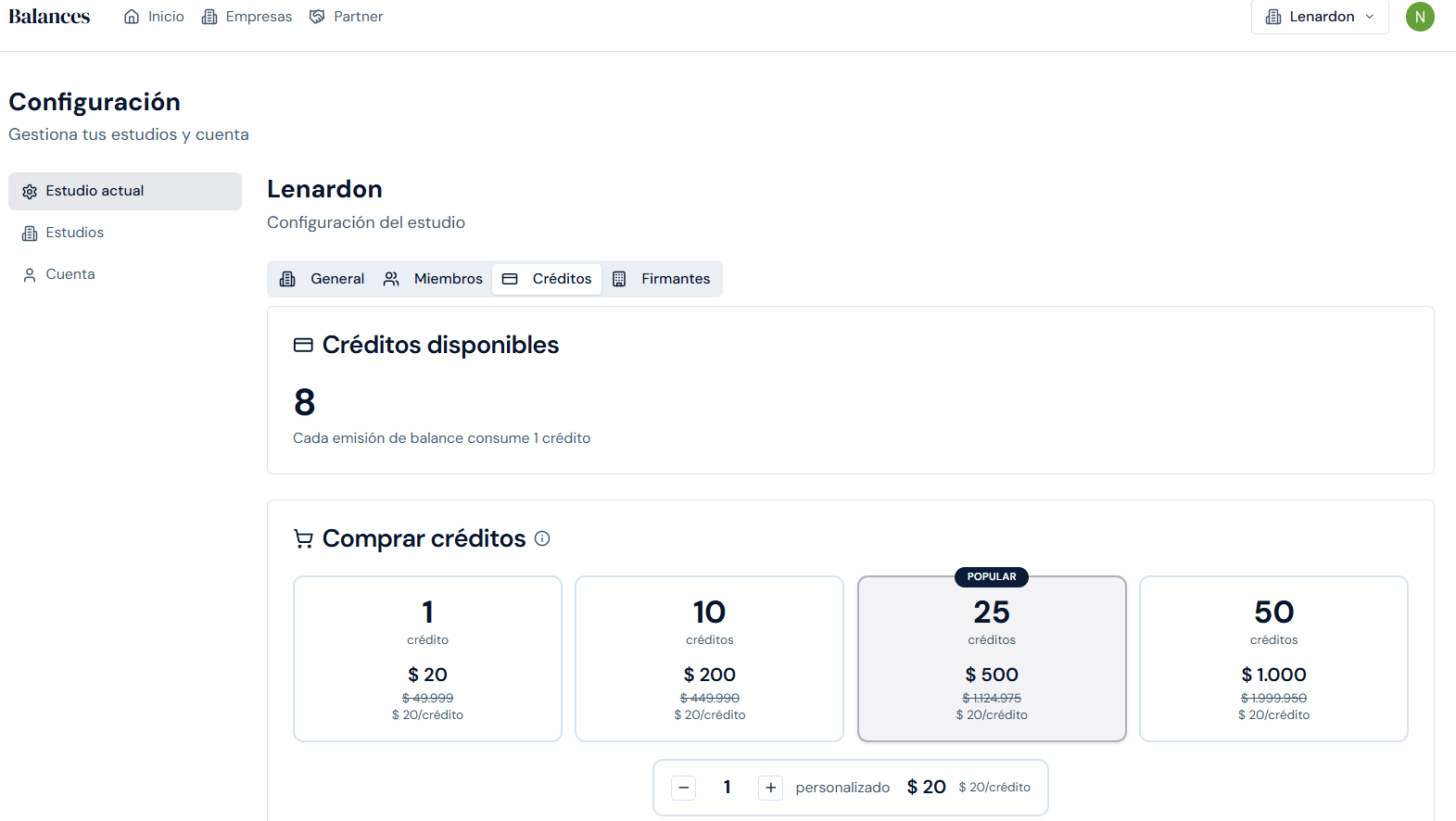 Pantalla de compra de créditos