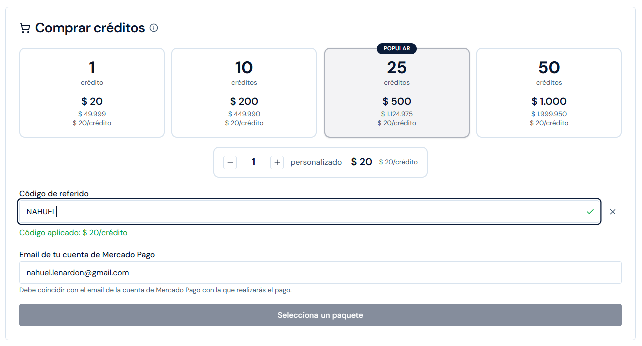 Ingreso de código de referido para descuento