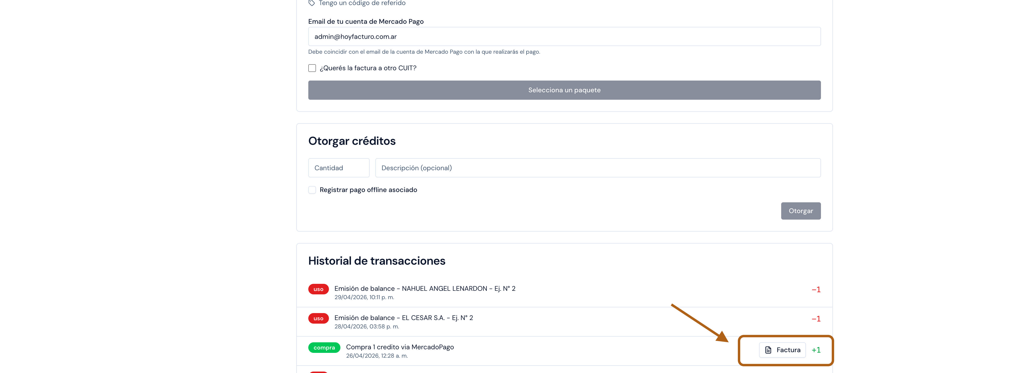 Listado de facturas emitidas en Configuración → Créditos