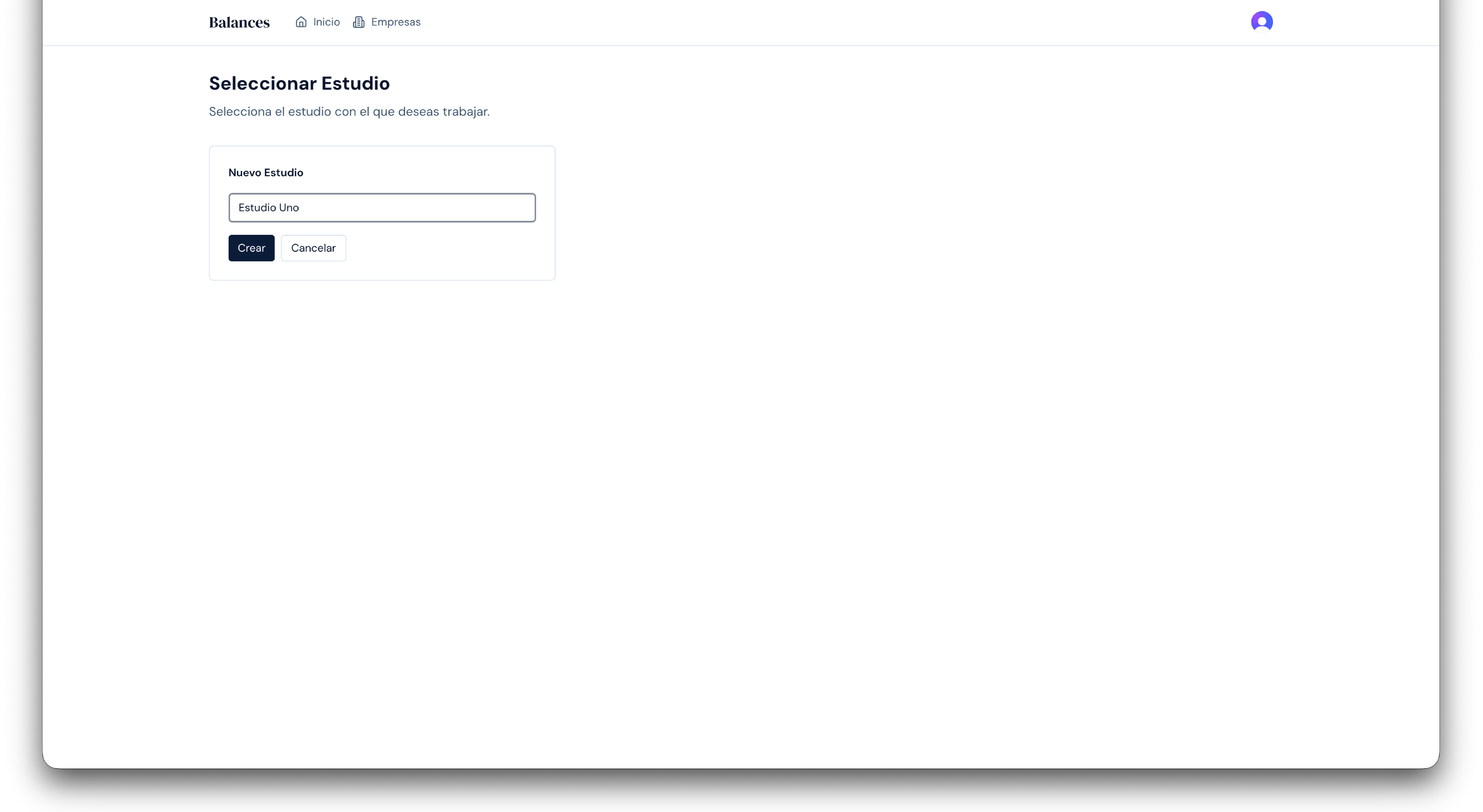 Formulario de creación de estudio