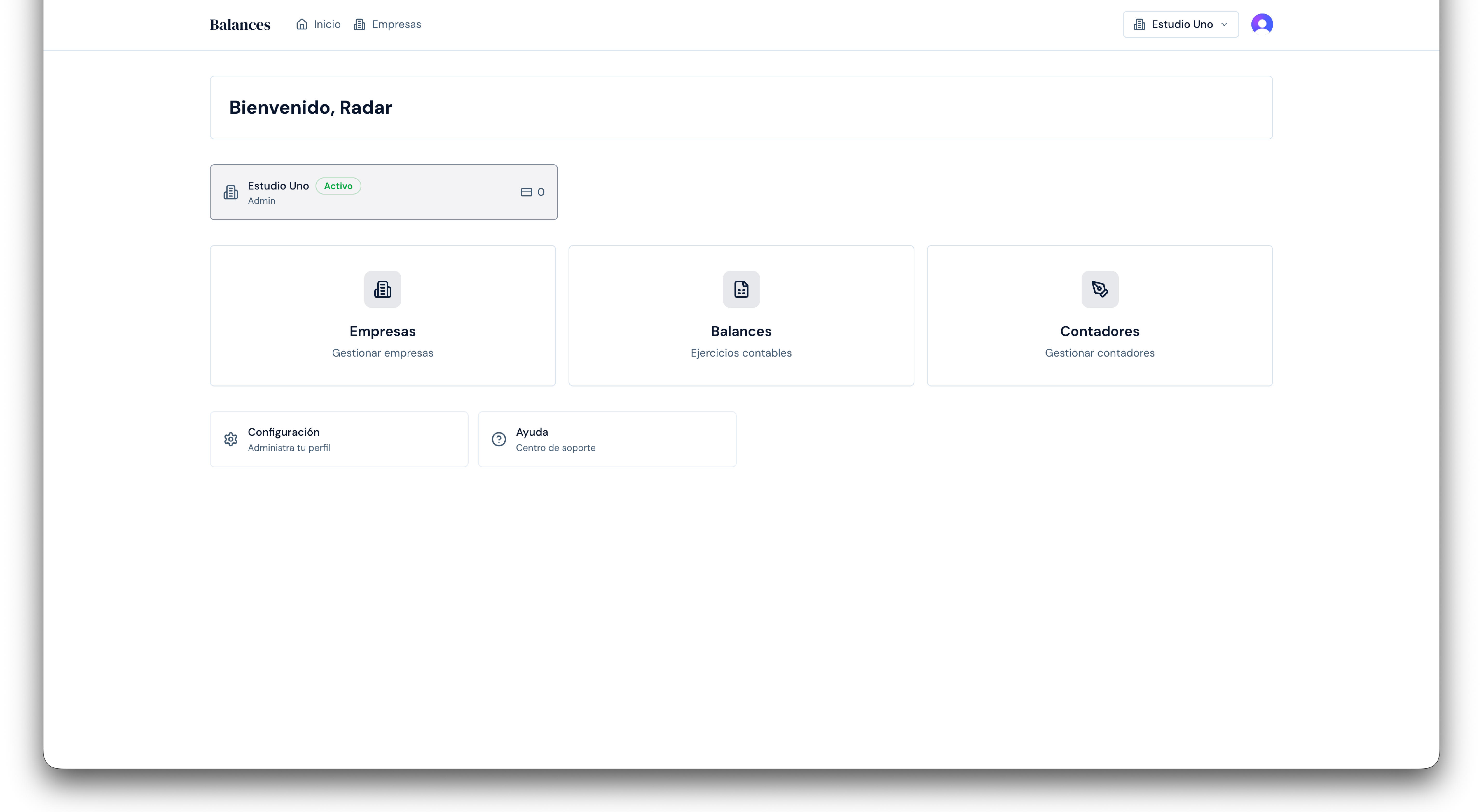 Dashboard principal de Balances