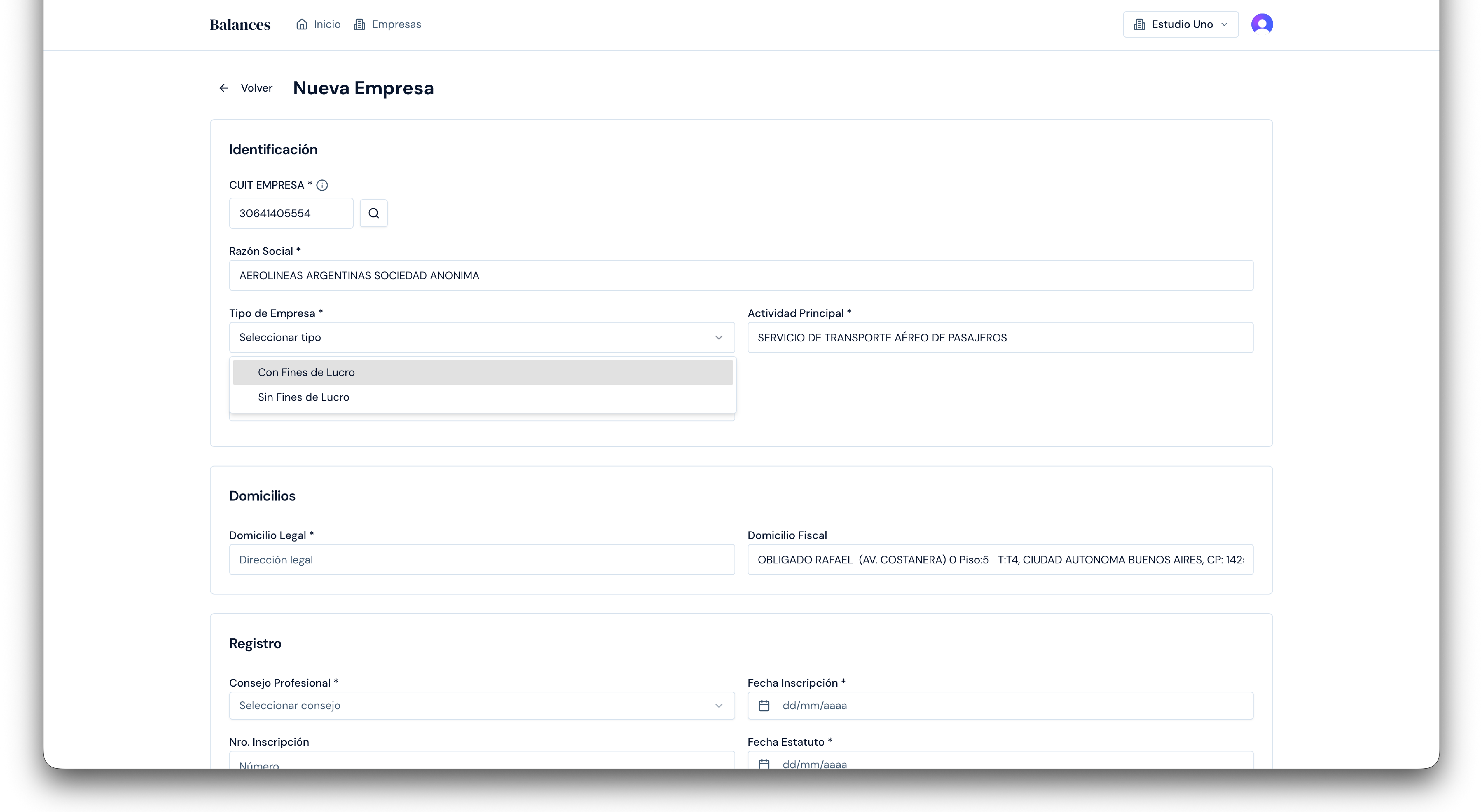 Formulario de nueva empresa - Identificación, Domicilios y Registro