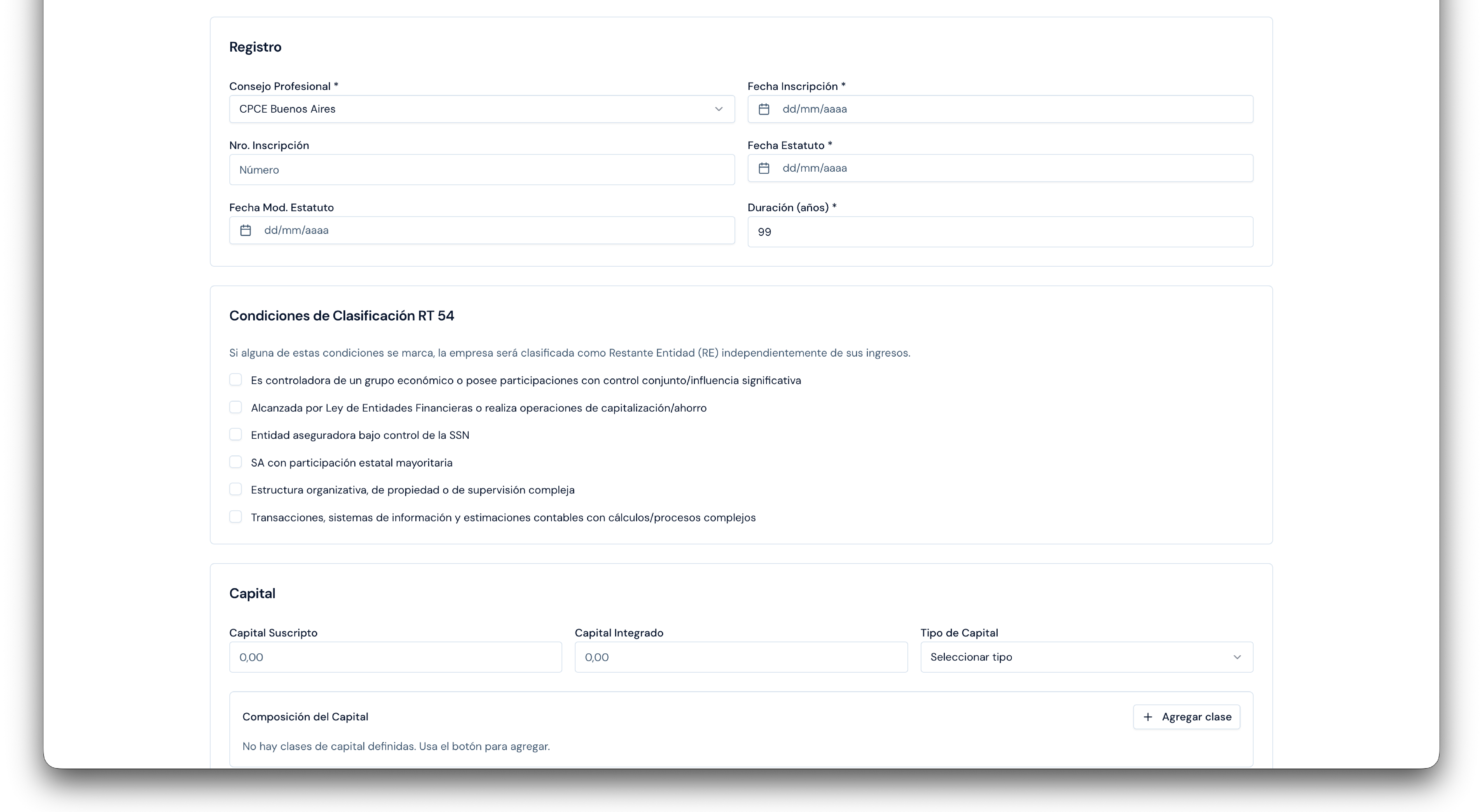 Formulario de nueva empresa - Registro, Clasificación RT 54 y Capital