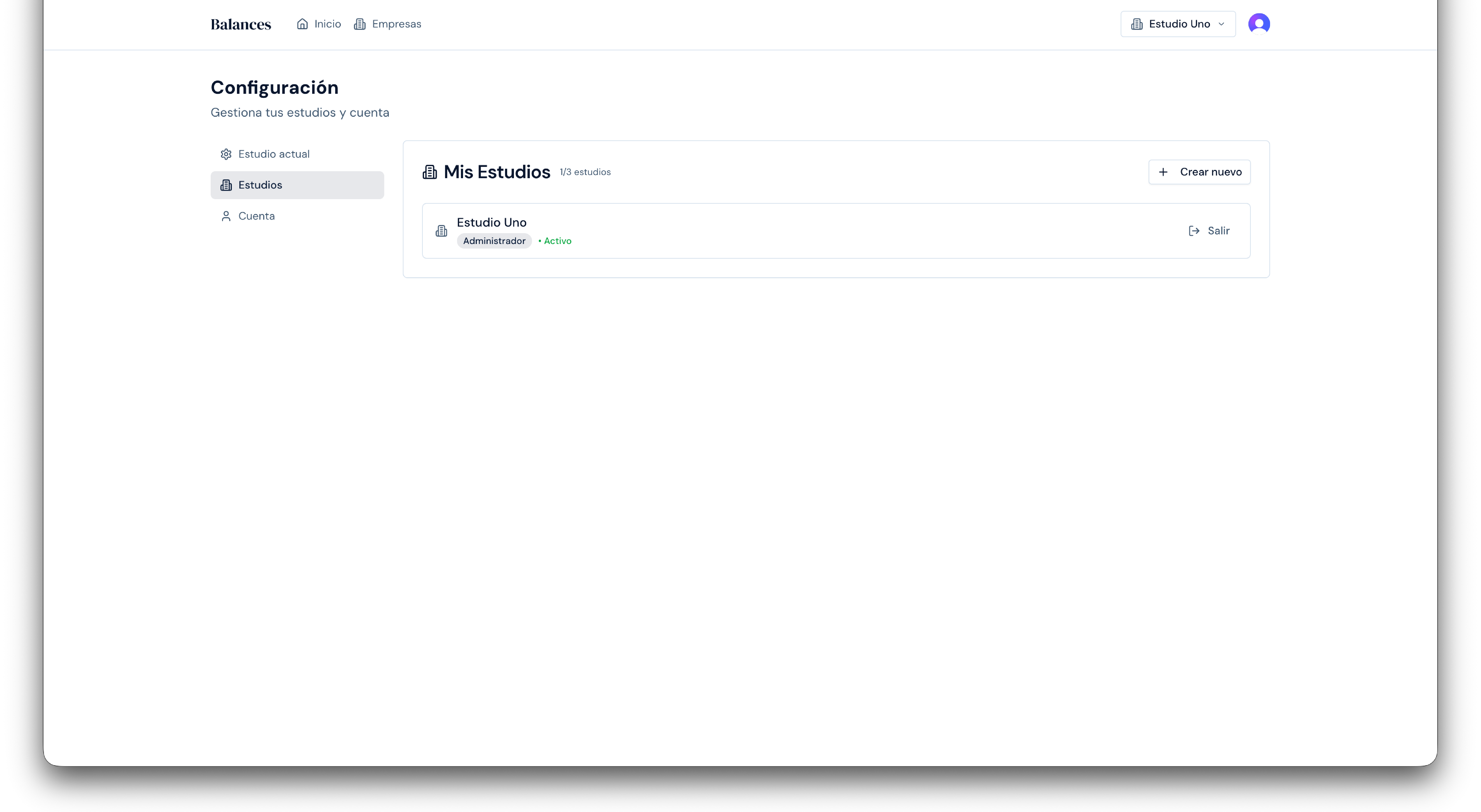 Configuración - Mis Estudios con opción de crear nuevo