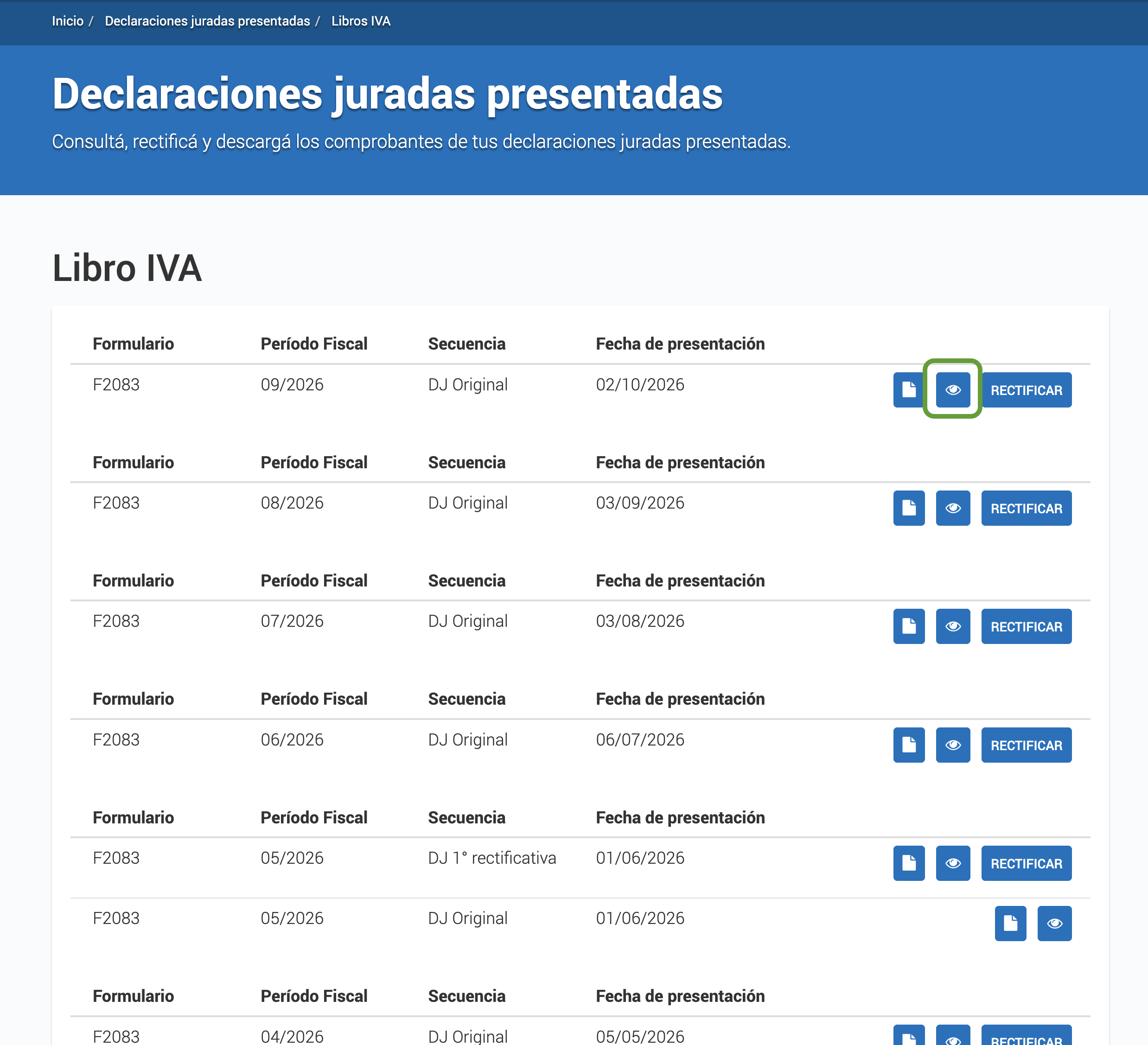 Listado de Libros IVA presentados con el botón para ver cada uno
