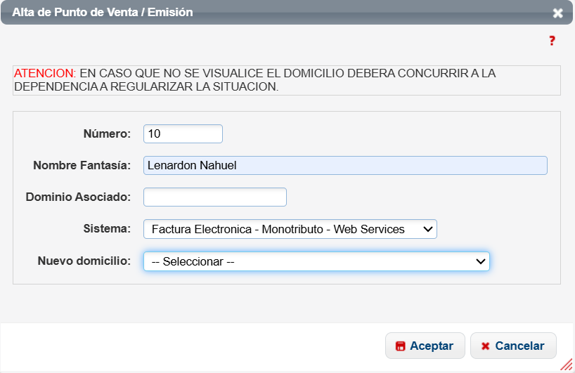 Alta de punto de venta - Monotributo