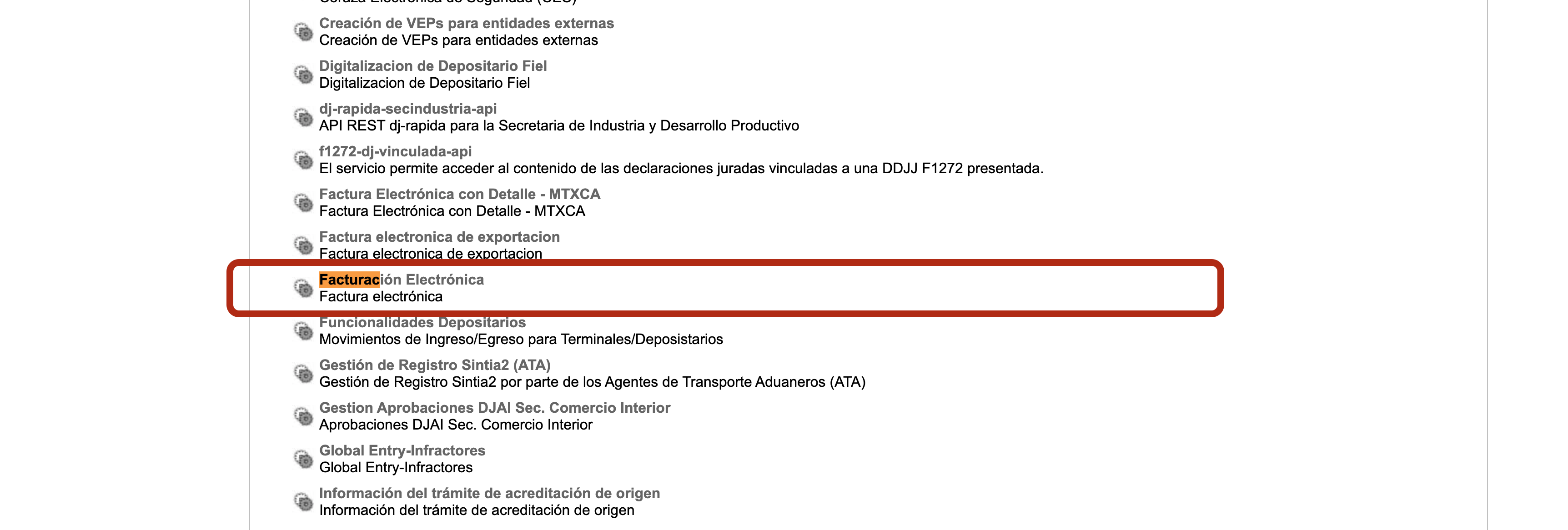 Servicio Facturación Electrónica en la lista de WebServices