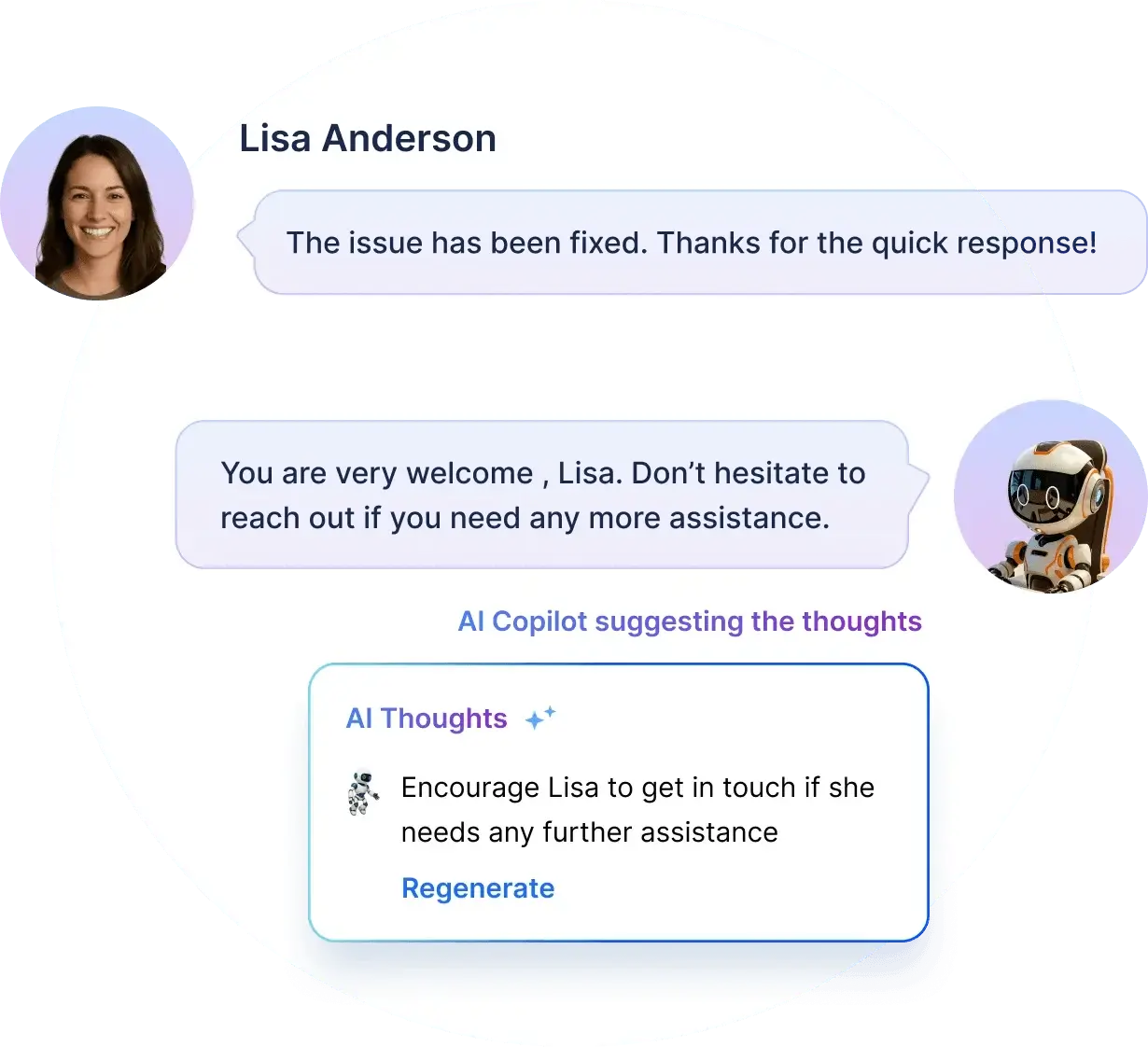 AI Copilot suggests a support response after ticket resolution, helping agents provide helpful follow-up assistance.