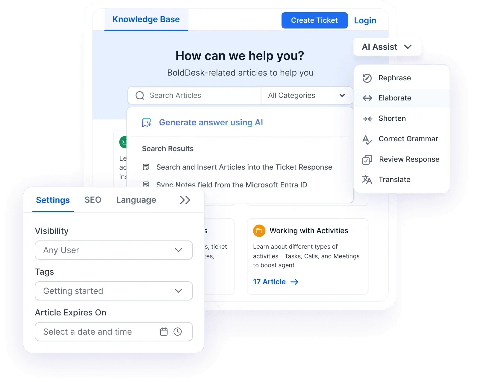 Interface showing AI-assisted tools and settings panels in a knowledge base software dashboard for managing AI articles.