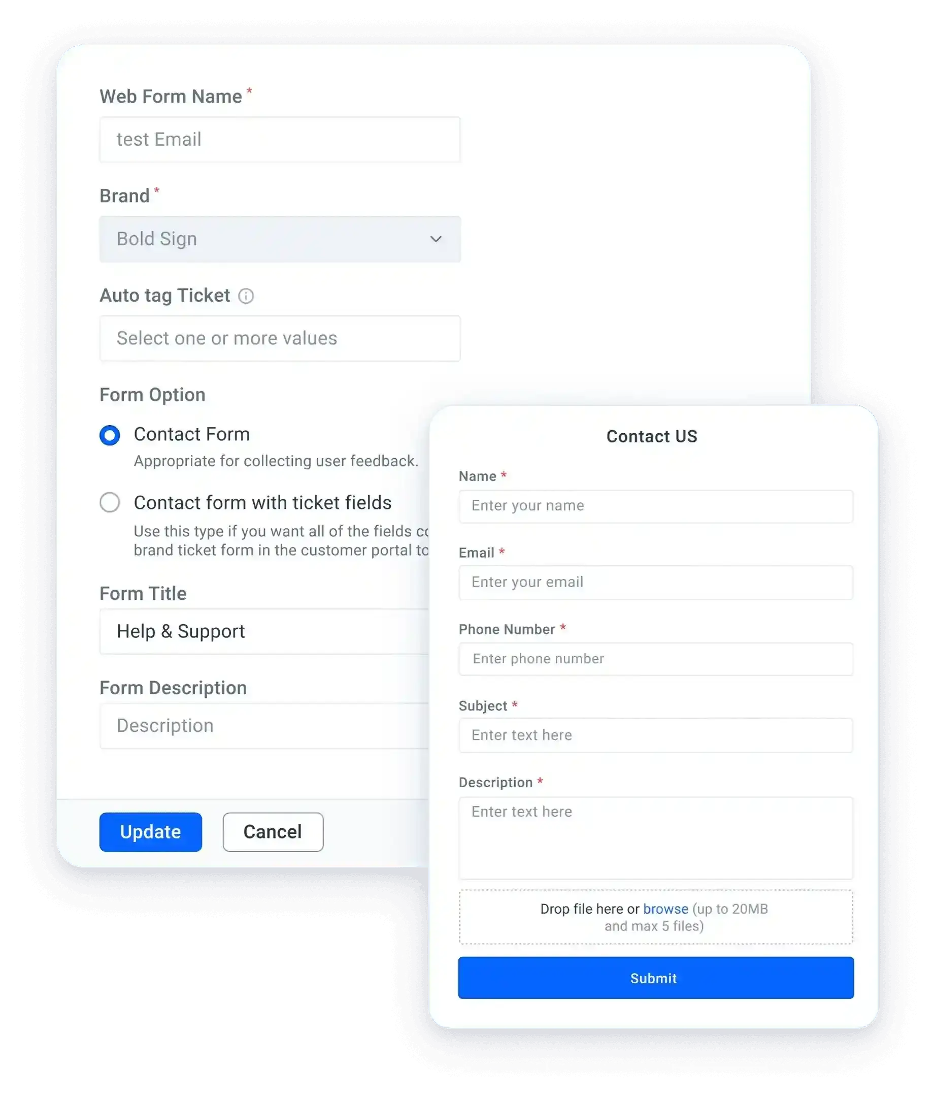 Custom web form builder with contact fields, ticket options, branding settings, and file upload support.