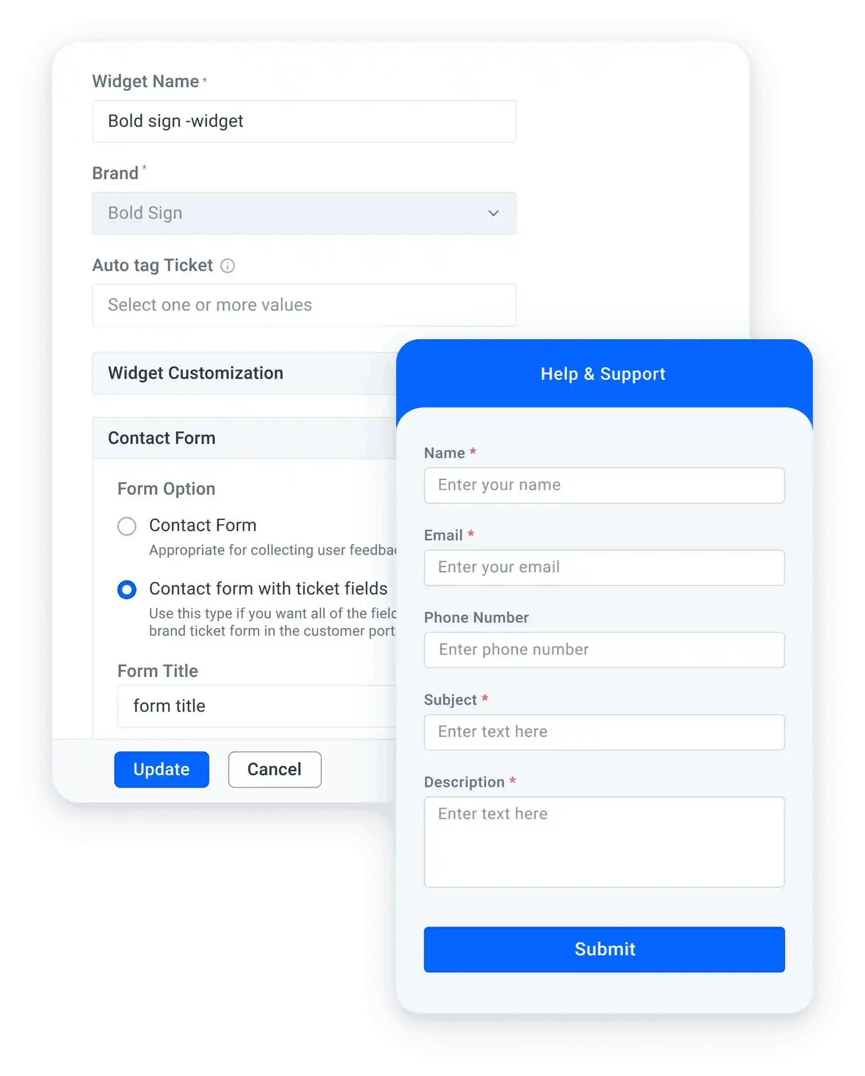 Custom web form builder with contact fields, ticket options, branding settings, and file upload support.